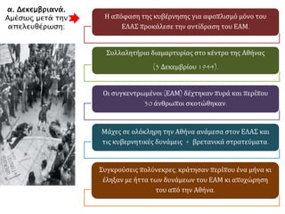 α. Δεκεμβριανά.
Αμέσως μετά την
απελευθέρωση:
Η απόφαση της κυβέρνησης για αφοπλισμό μόνο του
ΕΛΑΣ προκάλεσε την αντίδραση του ΕΑΜ.
Συλλαλητήριο διαμαρτυρίας στο κέντρο της Αθήνας
(3 Δεκεμβρίου 1944).
Οι συγκεντρωμένοι (ΕΑΜ) δέχτηκαν πυρά και περίπου
30 άνθρωποι σκοτώθηκαν.
Μάχες σε ολόκληρη την Αθήνα ανάμεσα στον ΕΛΑΣ και
τις κυβερνητικές δυνάμεις + βρετανικά στρατεύματα.
Συγκρούσεις πολύνεκρες, κράτησαν περίπου ένα μήνα κι
έληξαν με ήττα των δυνάμεων του ΕΑΜ κι αποχώρηση
του από την Αθήνα.
 