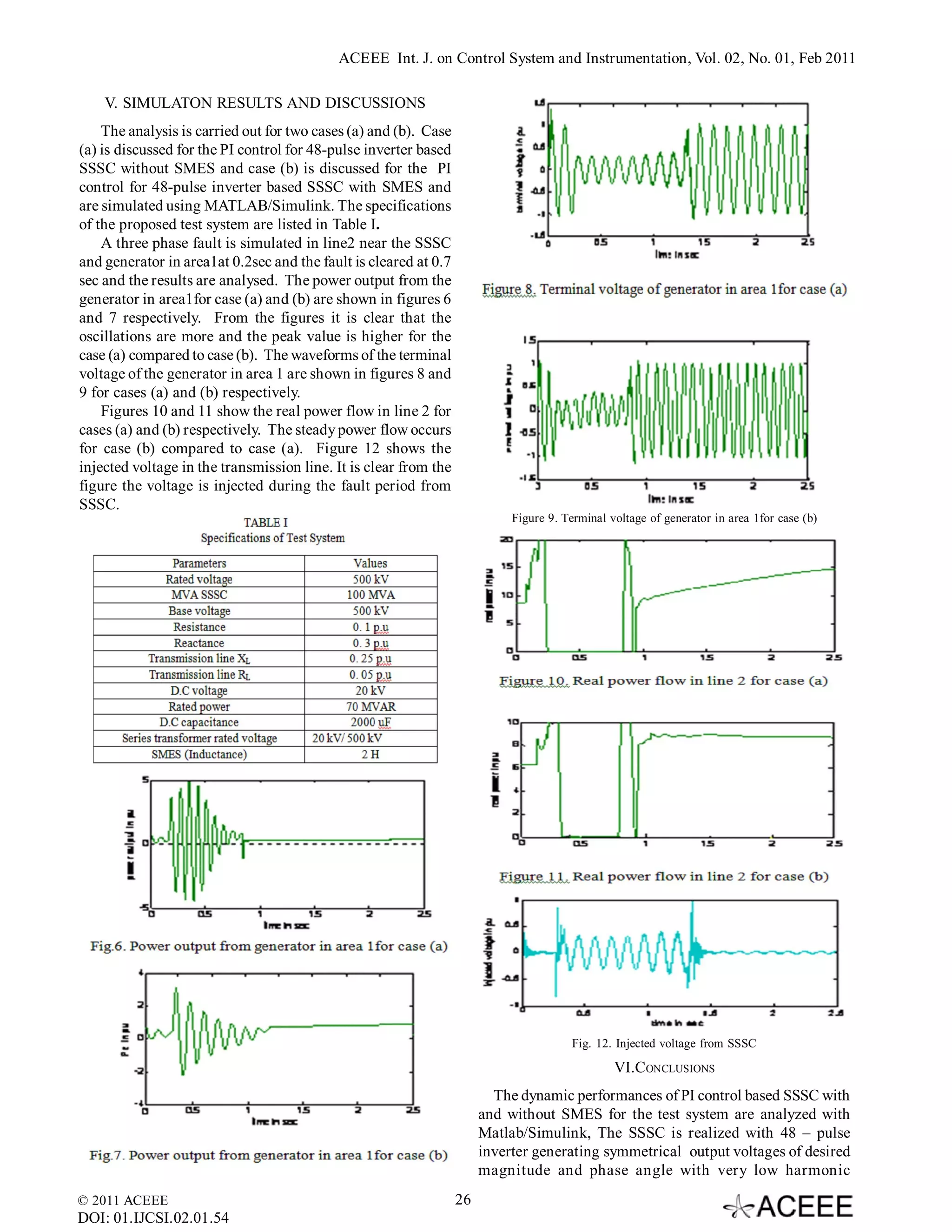 ACEEE Int. J. on Control System and Instrumentation, Vol. 02, No. 01, Feb 2011

    V. SIMULATON RESULTS AND DISCUSSIONS
    The analysis is carried out for two cases (a) and (b). Case
(a) is discussed for the PI control for 48-pulse inverter based
SSSC without SMES and case (b) is discussed for the PI
control for 48-pulse inverter based SSSC with SMES and
are simulated using MATLAB/Simulink. The specifications
of the proposed test system are listed in Table I.
    A three phase fault is simulated in line2 near the SSSC
and generator in area1at 0.2sec and the fault is cleared at 0.7
sec and the results are analysed. The power output from the
generator in area1for case (a) and (b) are shown in figures 6
and 7 respectively. From the figures it is clear that the
oscillations are more and the peak value is higher for the
case (a) compared to case (b). The waveforms of the terminal
voltage of the generator in area 1 are shown in figures 8 and
9 for cases (a) and (b) respectively.
    Figures 10 and 11 show the real power flow in line 2 for
cases (a) and (b) respectively. The steady power flow occurs
for case (b) compared to case (a). Figure 12 shows the
injected voltage in the transmission line. It is clear from the
figure the voltage is injected during the fault period from
SSSC.
                                                                            Figure 9. Terminal voltage of generator in area 1for case (b)




                                                                                        Fig. 12. Injected voltage from SSSC

                                                                                                VI.CONCLUSIONS
                                                                         The dynamic performances of PI control based SSSC with
                                                                       and without SMES for the test system are analyzed with
                                                                       Matlab/Simulink, The SSSC is realized with 48 – pulse
                                                                       inverter generating symmetrical output voltages of desired
                                                                       magnitude and phase angle with very low harmonic
© 2011 ACEEE                                                      26
DOI: 01.IJCSI.02.01.54
 
