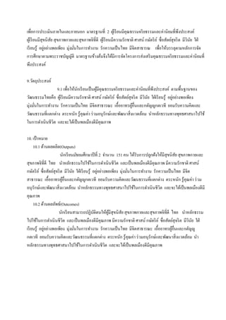 เพื่อการประเมินภายในและภายนอก มาตรฐานที่ 2 ผูเ้ รี ยนมีคุณธรรมจริ ยธรรมและค่านิยมที่พึงประสงค์
ผูเ้ รี ยนมีสุขนิสย สุขภาพกายและสุขภาพจิที่ดี ผูเ้ รี ยนมีความรักชาติ ศาสน์ กษัตริ ย ์ ซื่อสัตย์สุจริ ต มีวินย ใฝ่
                  ั                                                                                          ั
เรี ยนรู้ อยูอย่างพอเพียง มุ่งมันในการทางาน รักความเป็ นไทย มีจิตสาธารณ เพื่อให้บรรลุตามหลักการจัด
              ่                 ่
การศึกษาตามพระราชบัญญัติ มาตรฐานข้างต้นจึงได้มีการจัดโครงการส่งเสริ มคุณธรรมจริ ยธรรมและค่านิยมที่
พึงประสงค์

9.วัตถุประสงค์
                 9.1 เพื่อให้นกเรี ยนเป็ นผูมีคุณธรรมจริ ยธรรมและค่านิยมที่พึงประสงค์ ตามพื้นฐานของ
                              ั             ้
วัฒนธรรมไทยคือ ผูเ้ รี ยนมีความรักชาติ ศาสน์ กษัตริ ย ์ ซื่อสัตย์สุจริ ต มีวินย ใฝ่ เรี ยนรู้ อยูอย่างพอเพียง
                                                                              ั                  ่
มุ่งมันในการทางาน รักความเป็ นไทย มีจิตสาธารณะ เอื้ออาทรผูอื่นและกตัญญูกตเวที ยอมรับความคิดและ
      ่                                                             ้
วัฒนธรรมที่แตกต่าง ตระหนัก รู้คุณค่า ร่ วมอนุรักษ์และพัฒนาสิ่งแวดล้อม นาหลักธรรมทางพุทธศาสนาไปใช้
ในการดาเนินชีวิต และจะได้เป็ นพลเมืองดีมีคุณภาพ

10. เป้ าหมาย
     10.1 ด้านผลผลิต(Outputs)
                          นักเรี ยนมัธยมศึกษาปี ที่ 2 จานวน 151 คน ได้รับการปลูกฝังให้มีสุขนิสย สุขภาพกายและ
                                                                                                ั
สุขภาพจิที่ดี ไทย นาหลักธรรมไปใช้ในการดาเนินชีวิต และเป็ นพลเมืองดีมีคุณภาพ มีความรักชาติ ศาสน์
กษัตริ ย ์ ซื่อสัตย์สุจริ ต มีวินย ใฝ่ เรี ยนรู้ อยูอย่างพอเพียง มุ่งมันในการทางาน รักความเป็ นไทย มีจิต
                                   ั                ่                  ่
สาธารณะ เอื้ออาทรผูอ่นและกตัญญูกตเวที ยอมรับความคิดและวัฒนธรรมที่แตกต่าง ตระหนัก รู้คุณค่า ร่ วม
                           ้ื
อนุรักษ์และพัฒนาสิ่งแวดล้อม นาหลักธรรมทางพุทธศาสนาไปใช้ในการดาเนินชีวิต และจะได้เป็ นพลเมืองดีมี
คุณภาพ
     10.2 ด้านผลลัพธ์(Outcomes)
                        นักเรี ยนสามารถปฏิบติตนให้ผมสุขนิสย สุขภาพกายและสุขภาพจิท่ีดี ไทย นาหลักธรรม
                                                  ั       ู้ ี    ั
ไปใช้ในการดาเนินชีวิต และเป็ นพลเมืองดีมีคุณภาพ มีความรักชาติ ศาสน์ กษัตริ ย ์ ซื่อสัตย์สุจริ ต มีวินย ใฝ่
                                                                                                         ั
เรี ยนรู้ อยูอย่างพอเพียง มุ่งมันในการทางาน รักความเป็ นไทย มีจิตสาธารณะ เอื้ออาทรผูอื่นและกตัญญู
              ่                      ่                                                        ้
กตเวที ยอมรับความคิดและวัฒนธรรมที่แตกต่าง ตระหนัก รู้คุณค่า ร่ วมอนุรักษ์และพัฒนาสิ่งแวดล้อม นา
หลักธรรมทางพุทธศาสนาไปใช้ในการดาเนินชีวิต และจะได้เป็ นพลเมืองดีมีคุณภาพ
 