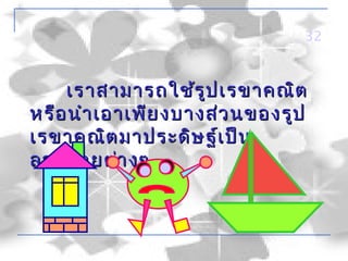 32



    เราสามารถใช้ร ูป เรขาคณิต
หรือ นำา เอาเพีย งบางส่ว นของรูป
เรขาคณิต มาประดิษ ฐ์เ ป็น
ลวดลายต่า งๆ
 