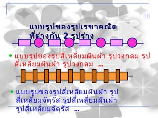 38
     แบบรูป ของรูป เรขาคณิต
     ที่ต ่า งกัน 2 รูป ร่า ง

แบบรูป ของรูป สีเ หลี่ย มผืน ผ้า รูป วงกลม รูป
                    ่
สีเ หลี่ย มผืน ผ้า รูป วงกลม ...
  ่


แบบรูป ของรูป สีเ หลี่ย มผืน ผ้า รูป
                       ่
สี่เ หลีย มจัต ร ัส รูป สีเ หลีย มผืน ผ้า
        ่      ุ          ่    ่
รูป สีเ หลี่ย มจัต ุร ัส ...
      ่
 