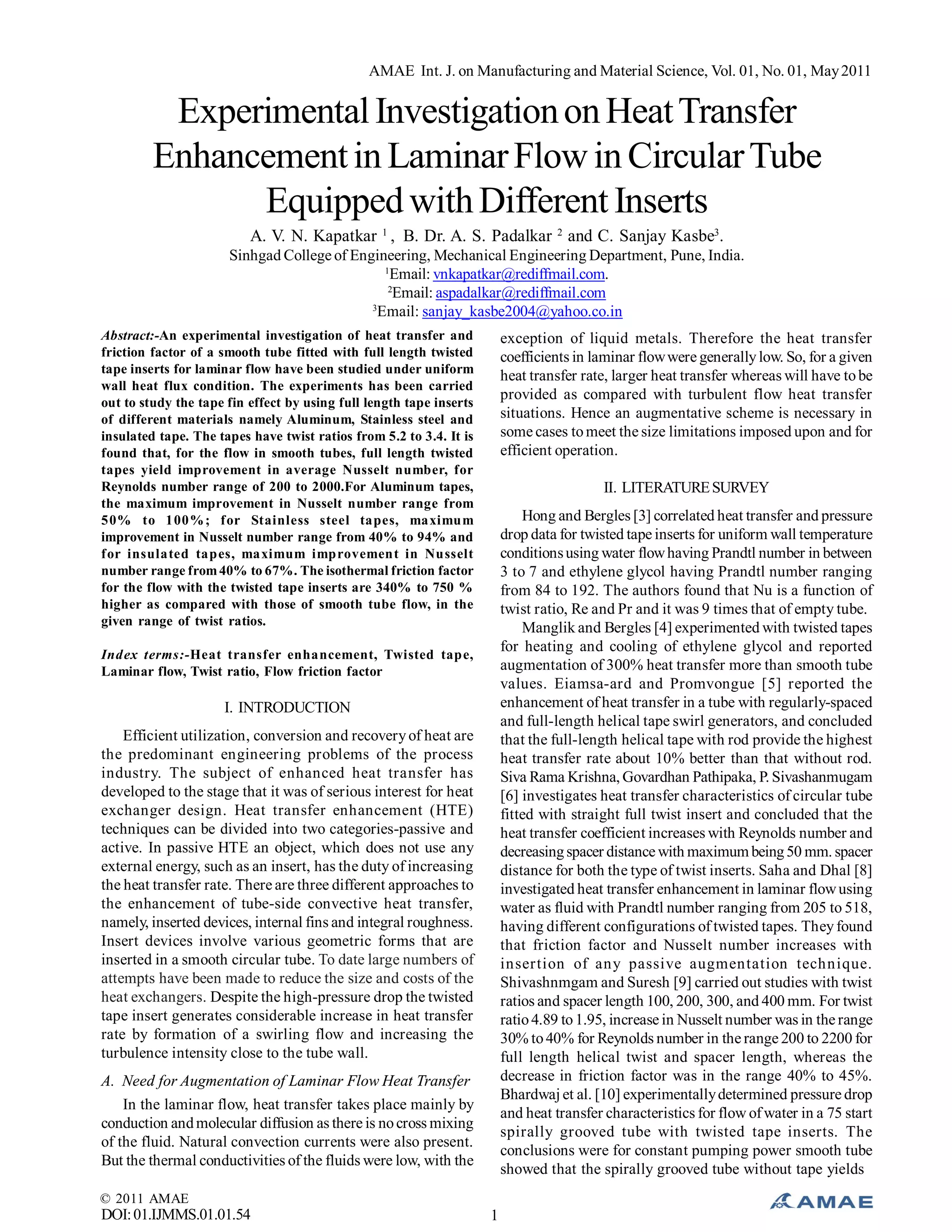 Experimental Investigation on Heat Transfer Enhancement in Laminar Flow ...