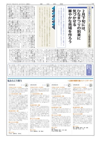 （10）事 実 新 聞2013 年（平成 25 年）10 月 25 日（金曜日） ©2013 DO HOUSE Inc. All rights reserved.
う
コ
ー
ナ
ー
な
ん
だ
！
（
デ
ー
タ
C
）」
と
、
初
め
て
売
場
で
ひ
な
ま
つ
り
が
迫
っ
て
い
る
こ
と
に
気
づ
か
さ
れ
、
ひ
な
ま
つ
り
向
け
の
メ
ニ
ュ
ー
の
材
料
を
そ
ろ
え
よ
う
と
い
う
意
識
が
芽
生
え
て
い
る
。『
五
目
ち
ら
し
』だ
け
で
な
く
、
関
連
的
に
陳
列
さ
れ
て
い
る
生
鮮
食
品
に
も
目
が
向
け
ら
れ
、「
あ
さ
つ
き
も
売
っ
て
る
ん
だ
。
買
う
予
定
は
な
か
っ
た
け
れ
ど
、
パ
ラ
パ
ラ
ッ
と
入
れ
る
だ
け
で
見
栄
え
も
よ
く
な
る
し
、
ち
ら
し
寿
司
の
上
に
か
け
れ
ば
彩
り
鮮
や
か
で
お
い
し
そ
う
に
な
る
わ
ね
（
デ
ー
タ
C
）」
と
、
あ
さ
つ
き
の
つ
い
で
買
い
を
助
長
し
て
い
る
。
ま
た
、「
手
巻
き
寿
司
セ
ッ
ト
を
見
て
、
久
し
ぶ
り
に
手
巻
き
寿
司
を
食
べ
た
い
な
と
思
っ
た
。
有
明
海
産
の
海
苔
は
手
巻
き
用
サ
イ
ズ
に
カ
ッ
ト
さ
れ
て
い
る
の
で
、
ハ
サ
ミ
で
カ
ッ
ト
す
る
手
間
も
な
い
し
、
手
巻
き
寿
司
が
美
味
し
く
食
べ
ら
れ
そ
う
（
デ
ー
タ
D
）」
と
、
食
品
だ
け
で
な
く
、
手
巻
き
寿
司
を
手
作
り
す
る
際
に
使
用
す
る
、
桶
や
ま
き
す
の
セ
ッ
ト
商
品
を
見
て
、
実
際
に
自
分
が
手
作
り
す
る
シ
ー
ン
を
思
い
浮
か
べ
、
最
終
的
に
手
巻
き
寿
司
に
利
用
す
る
海
苔
の
購
入
を
決
め
て
い
る
。
　
一
方
、
4名
中
1名
は
、
最
初
に
目
に
と
ま
っ
た『
五
目
ち
ら
し
』
の
パ
ッ
ケ
ー
ジ
か
ら
、
視
線
は
上
に
行
か
ず
、
ひ
な
ま
つ
り
の
売
場
で
あ
る
こ
と
に
す
ぐ
に
気
づ
く
こ
と
が
で
き
て
い
な
か
っ
た
。
し
か
し
、「
手
抜
き
だ
け
ど
、
手
抜
き
っ
ぽ
く
な
い
感
じ
が
す
る
か
ら
「
五
目
寿
司
」
っ
て
好
き
（
デ
ー
タ
A
）」
と
、
簡
便
性
や
手
抜
き
に
見
え
な
い
メ
ニ
ュ
ー
を
作
れ
る
こ
と
に
魅
力
を
感
じ
、
購
入
を
決
め
て
い
る
。
ま
た
、
商
品
を
カ
ゴ
に
入
れ
よ
う
と
し
た
と
き
に
初
め
て
「
ひ
な
ま
つ
り
」
の
看
板
に
気
づ
き
、
「
も
う
ひ
な
ま
つ
り
の
季
節
な
の
ね
。
ひ
な
祭
り
に
は
五
目
ち
ら
し
寿
司
を
作
る
予
定
だ
か
ら
、
せ
っ
か
く
安
い
し
2個
買
っ
て
お
こ
う
（
デ
ー
タ
A
）」
と
、
最
終
的
に
は
同
じ
商
品
を
「
ひ
な
ま
つ
り
用
」
に
も
購
入
し
よ
う
と
い
う
気
持
ち
に
さ
せ
ら
れ
て
い
る
。
　
春
を
迎
え
る
準
備
期
間
に
入
り
、
家
庭
で
ひ
な
ま
つ
り
に
向
け
て
食
材
を
そ
ろ
え
よ
う
と
す
る
時
期
で
も
あ
る
2月
下
旬
。
「
も
う
す
ぐ
ひ
な
ま
つ
り
。
中
2と
小
5の
娘
が
い
る
の
で
、
週
末
の
日
曜
日
に
お
祝
い
の
ご
は
ん
を
作
る
予
定
（
デ
ー
タ
B
）」「
来
週
は
ひ
な
ま
つ
り
ね
。
毎
年
作
っ
て
い
る
ち
ら
し
寿
司
を
作
り
た
い
な
（
デ
ー
タ
D
）」
な
ど
、
ひ
な
ま
つ
り
を
目
前
に
控
え
、
ち
ら
し
寿
司
な
ど
メ
ニ
ュ
ー
を
具
体
的
に
決
め
て
買
い
物
に
出
か
け
よ
う
と
す
る
主
婦
も
い
る
。
一
方
、「（
料
理
に
）
手
抜
き
し
た
い
気
持
ち
と
手
間
を
か
け
た
い
気
持
ち
の
両
方
が
交
錯
す
る
（
デ
ー
タ
A
）」
な
ど
、
2月
下
旬
データ データ データ データ2月24日(日）
その日は（どんな日・どんな気分）
自分の仕事も忙しく、なかなか料理をする時間
がとれず、子どものことと自分のことと両方で
テンパリ気味。手抜きしたい気持ちと手間をか
けたい気持ちの両方が交錯する日だった。
エンドを見た時の気持ち・葛藤
最初に目についたのは『五目ちらし』の商品そ
のもの。『五目ちらし』が大量に陳列されていて、
パッケージのピンク色が占める面積が広く目に
ついた。最初は上の方に書かれた「ひなまつ
り」が見えず、自分の頭の中にもひなまつりは
なかったので『五目ちらし＝手抜きできる食材』
という印象を持った。自分の目線の位置の商品
ばかり見ていたのと、受験の方が我が家にとっ
ては一大イベントのためそれで頭がいっぱいで、
ひなまつりは全く意識していなかった。大量陳
列されているので特売だと思い売り場に近づい
たが、価格を確認すると普段よりも価格が1つ
につき100円ぐらい安くお得感があった。
購入直前の気持ち・葛藤
『五目ちらし』かぁ。これならご飯を炊いて、そ
れに混ぜるだけであっという間に1品できるし、
キュウリなどの野菜ものせれば栄養バランスも
よくていいわね。手抜きだけど、手抜きっぽく
ない感じがするから五目寿司って好き。今週も
バタバタ忙しいから、料理を作る時間がない日
用に買っておこうかな。値段はいつもよりも
100円ぐらい安いし今が買い時ね。
購入（カゴに入れた瞬間）
ふと商品を1つ、カゴに入れたときに上の方を
見ると「ひなまつり」と書かれている文字が目
についた。そうか、もうひなまつりの季節なの
ねと思い、ひな祭りには五目ちらし寿司を作る
予定だから、せっかく安いし2個買っておこう
と思い、カゴにもうひとつ『五目ちらし』を入
れた。
購入したもの
ミツカン　五目ちらし　295.4ℊ
2月25日(月）
その日は（どんな日・どんな気分）
もうすぐひなまつり。中2と小5の娘がいるの
で、週末の日曜日にお祝いのごはんを作る予定。
今週は忙しいので、生鮮食料品以外は今日買い
物を済ませておこう。
エンドを見た時の気持ち・葛藤
大量に陳列されたピンク色の『五目ちらし』の
商品がとても目立っているわ。次に、桃の花の
飾り、「ひなまつり」の看板を見て、ひなまつり
向けの特設コーナーだということに気づく。一
通りの食材が手に入りそうで、店内を探して回
らずに済むので便利なコーナーね。レシピや材
料などの手控えがなくても、買い漏れがなくて
済みそう。
購入直前の気持ち・葛藤
売場を右上から眺め、『手巻き寿司5点セッ
ト』が目に入った。これはお寿司を作るための
桶・しゃもじ・まきすがセットになっているの
ね。桶は持っていないから欲しいと思ったけれ
ど、しゃもじとまきすは家にあるから、桶だけ
売っていたら買っても良かったのにな。あ、『か
いわれ』も置いてある。でも新鮮な素材を使い
たいから、前日にでも買っておこう。あら？『ヤ
マキ割烹白だし』がある。お吸い物はこれを使
おうかしら。
購入（カゴに入れた瞬間）
やっぱり、ひなまつりはお祝いをするときだし、
心をこめてちらし寿司を手作りしたいな。面倒
ではあるけれど、材料を買って一から手作りし
たいから、一番最初に目がついた『五目ちらし』
の素は買わなくていいや。でも、ひなまつりの
食卓に出すお吸い物は、一からだしをとるのが
面倒だわ。『ヤマキ割烹白だし』を買って楽に済
ませよう。
購入したもの
ヤマキ　割烹白だし　瓶　400㎖
2月28日(木）
その日は（どんな日・どんな気分）
今日も寒いなあ。でも、16まで気温が上がるの
か。ずっと寒くてあまり外に出てなかったから、
冷蔵庫もさみしくなってきた。今日は少しは温
かそうだし、天気もいいから、お昼を食べたら、
週末用の買い出しとひなまつりのための材料を
まとめて買いに行こう。
エンドを見た時の気持ち・葛藤
一番最初に目についたのは『五目ちらし』のパ
ッケージだった。パッケージは明るいピンク色
をしていて、他の商品の色とは全く違っており、
商品名の黒字が大きく目立っていた。その次に
大きな文字で書かれた「ひなまつり」の看板に
目がいく。「あ、もうすぐひなまつりだったわね。
ここはひなまつりのメニューの材料が揃うコー
ナーなんだ！」と気づく。
購入直前の気持ち・葛藤
あさつきも売ってるんだ。買う予定はなかった
けど、「潮汁」にあさつきを入れようかな。パラ
パラッと入れるだけで見栄えもよくなるし、ち
らし寿司の上にかければ彩り鮮やかでおいしそ
うになるわね。
購入（カゴに入れた瞬間）
あさつきは買うつもりは全くなかったけれど、
実際目に入ったら、ちらし寿司やおつゆに入れ
ることで料理に彩りがつけられるなと思いカゴ
に入れた。また、『焼きのり』を見て家に在庫が
無かったのを思い出し、ちらし寿司用に買いた
いと思った。『すし酢』は、家にある穀物酢を使
おうか迷ったものの、並んでいる商品をみたら、
すし酢を使った方が手軽にできるなと思い、ま
た広告の品になっていて安いので購入を決めた。
購入したもの
あさつき
関口　有明海産　焼のり　3切　30枚
ミツカン すし酢　360㎖
2月28日(木）
その日は（どんな日・どんな気分）
来週はひなまつりね。一人娘が嫁いでからはお
雛様を飾ることもなくなったけど、毎年作って
いるちらし寿司を作りたいな。
エンドを見た時の気持ち・葛藤
最初に『五目ちらし』のパッケージに目がいく。
あら、ピンク色が遠くからでも目立つわね。『五
目ちらし』の素のパッケージって今まであまり
感じたことなかったけど、こんなにたくさん並
んでいると華やかで明るい売場になるのね。次
に「ひなまつり」の看板に目がいく。あら、『手
巻き寿司セット』なんかあるんだ。かわいいサ
イズの桶の中にいろいろ入っていて便利ね。あ
さつきやかいわれまである。生鮮野菜まである
なんて、手巻きの具やおすましの薬味にどうぞ
ってことかしら。
購入直前の気持ち・葛藤
今年は久しぶりに手巻きでもしようかな。あ、『す
しのこ』があるわ。酢のものにも使えるから買
っておこうかな。海苔のストックあったかしら？
手巻き用サイズの海苔を買ってこうかな。
購入（カゴに入れた瞬間）
売場で手巻き寿司セットを見て、久しぶりに手
巻き寿司を食べたいなと思った。有明海産の海
苔は手巻き用サイズにカットされているので、
ハサミでカットする手間もないし、手巻き寿司
が美味しく食べられそう。『すしのこ』は以前か
らよく使っていて我が家では液体のすし酢より
使用シーンが多く、すし飯以外にも塩の代わり
にトマトサラダやポテトサラダに使っているの
よね。
購入したもの
関口　有明海産　焼のり　3切　30枚
タマノイ酢　すしのこ　75ℊ
今
回
は
、「
ひ
な
ま
つ
り
」
約
１
週
間
前
の
２
月
下
旬
に
、
ち
ら
し
寿
司
、
手
巻
き
寿
司
用
の
調
味
料
や
具
材
な
ど
の
商
品
が
並
ぶ
、
ひ
な
ま
つ
り
メ
ニ
ュ
ー
向
け
の
エ
ン
ド
に
注
目
し
た
。
私ならこう買う 〜主婦の購買行動イメージデータ〜
と
い
う
時
期
で
ひ
な
ま
つ
り
ま
で
意
識
が
及
ば
な
い
主
婦
も
い
た
。
　
今
回
の
エ
ン
ド
で
は
、「
ひ
な
ま
つ
り
」
と
書
か
れ
た
看
板
が
、
エ
ン
ド
の
一
番
上
に
掲
げ
ら
れ
て
い
る
。
し
か
し
、
一
番
最
初
に
目
に
つ
く
も
の
と
し
て
、『
ミ
ツ
カ
ン
五
目
ち
ら
し
』
の
商
品
の
、
ピ
ン
ク
色
の
パ
ッ
ケ
ー
ジ
を
挙
げ
て
い
る
人
が
多
い
。「
最
初
に
目
に
つ
い
た
の
は
『
五
目
ち
ら
し
』
の
商
品
そ
の
も
の
。『
五
目
ち
ら
し
』
が
大
量
に
陳
列
さ
れ
て
い
て
、
パ
ッ
ケ
ー
ジ
の
ピ
ン
ク
色
が
占
め
る
面
積
が
広
く
目
に
つ
い
た
（
デ
ー
タ
A
）」「
最
初
に
目
に
つ
い
た
の
は
『
五
目
ち
ら
し
』
の
パ
ッ
ケ
ー
ジ
だ
っ
た
。
パ
ッ
ケ
ー
ジ
は
明
る
い
ピ
ン
ク
色
を
し
て
い
て
、
他
の
商
品
の
色
と
は
全
く
違
っ
て
お
り
、
商
品
名
の
黒
字
が
大
き
く
目
立
っ
て
い
た
（
デ
ー
タ
C
）」
な
ど
、
全
員
が
最
初
に
『
ミ
ツ
カ
ン
五
目
ち
ら
し
』
の
パ
ッ
ケ
ー
ジ
に
注
目
し
て
い
る
。
面
を
広
げ
て
大
量
に
陳
列
す
る
こ
と
で
、
鮮
や
か
な
ピ
ン
ク
色
の
パ
ッ
ケ
ー
ジ
に
目
が
向
け
ら
れ
て
い
る
。
　
続
い
て
、
4名
中
3名
の
主
婦
は
、
上
方
に
掲
げ
ら
れ
た
「
ひ
な
ま
つ
り
」
の
看
板
に
目
が
向
け
ら
れ
て
い
る
。
買
い
物
前
に
ひ
な
ま
つ
り
の
意
識
が
な
か
っ
た
主
婦
で
も
、「
あ
、
も
う
す
ぐ
ひ
な
ま
つ
り
だ
っ
た
わ
ね
。
こ
こ
は
ひ
な
ま
つ
り
の
メ
ニ
ュ
ー
の
材
料
が
揃
2月
下
旬
の
時
期
に
、
ひ
な
ま
つ
り
に
関
連
す
る
商
品
の
エ
ン
ド
で
は
、
ピ
ン
ク
色
で
目
立
つ
パ
ッ
ケ
ー
ジ
の
『
五
目
ち
ら
し
』
の
調
味
料
商
品
が
大
量
陳
列
さ
れ
て
お
り
、
売
場
全
体
に
い
ち
早
く
目
が
向
け
ら
れ
る
工
夫
が
さ
れ
て
い
る
。
「
ひ
な
ま
つ
り
」
の
看
板
か
ら
、
ひ
な
ま
つ
り
が
迫
っ
て
い
る
こ
と
を
主
婦
に
気
づ
か
せ
る
こ
と
が
で
き
る
売
場
に
な
っ
て
い
る
。
デ
ー
タ
か
ら
示
唆
さ
れ
る
売
場
作
り
の
ア
イ
デ
ア
2月
下
旬
に
は
、
ひ
な
ま
つ
り
の
到
来
に
気
づ
か
せ
る
華
や
か
な
売
場
を
作
ろ
う
　
今
回
の
エ
ン
ド
で
は
、『
五
目
ち
ら
し
』
の
商
品
に
思
わ
ず
目
が
い
き
、
エ
ン
ド
全
体
に
目
が
向
け
ら
れ
る
中
で
、
「
ひ
な
ま
つ
り
」
の
看
板
に
も
気
づ
き
、「
ひ
な
ま
つ
り
」
向
け
の
メ
ニ
ュ
ー
を
作
る
た
め
の
食
材
を
そ
ろ
え
よ
う
と
い
う
気
に
さ
せ
ら
れ
て
い
る
。
ま
た
、
あ
さ
つ
き
や
か
い
わ
れ
な
ど
の
生
鮮
食
品
や
、
桶
や
ま
き
す
な
ど
の
調
理
用
品
を
並
べ
る
こ
と
で
、「
ち
ら
し
寿
司
」
や
「
手
巻
き
寿
司
」
を
手
作
り
し
て
い
る
シ
ー
ン
を
呼
び
お
越
し
、
焼
き
海
苔
や
す
し
酢
、
あ
さ
つ
き
な
ど
、
ひ
な
ま
つ
り
向
け
の
メ
ニ
ュ
ー
に
使
用
す
る
、
さ
ま
ざ
ま
な
材
料
の
購
入
の
き
っ
か
け
に
繋
が
っ
て
い
る
。
一
方
、
購
入
商
品
を
検
討
し
て
い
る
段
階
で
、「
ひ
な
ま
つ
り
」
の
看
板
に
気
づ
け
な
か
っ
た
主
婦
も
い
る
が
、
商
品
を
カ
ゴ
に
入
れ
る
段
階
で
看
板
に
気
づ
き
、
ひ
な
ま
つ
り
用
に
さ
ら
に
購
入
す
る
商
品
を
追
加
し
て
い
る
。
そ
の
よ
う
な
こ
と
か
ら
も
、「
ひ
な
ま
つ
り
」
を
強
く
打
ち
出
し
た
P
O
P
や
飾
り
は
、「
ち
ら
し
寿
司
」
や
「
手
巻
き
寿
司
」
な
ど
の
特
別
な
お
祝
い
メ
ニ
ュ
ー
の
食
材
を
買
い
揃
え
よ
う
と
い
う
意
識
に
は
た
ら
き
か
け
る
上
で
重
要
な
役
割
を
担
っ
て
い
る
と
考
え
ら
れ
る
。
し
た
が
っ
て
、
華
や
か
な
色
合
い
の
目
立
つ
パ
ッ
ケ
ー
ジ
の
商
品
の
大
量
陳
列
で
売
場
へ
の
視
認
性
を
高
め
る
と
と
も
に
、
2月
下
旬
と
い
う
時
期
に
お
い
て
も
、「
ひ
な
ま
つ
り
」
と
い
う
イ
ベ
ン
ト
を
一
目
で
想
起
で
き
る
よ
う
な
販
促
を
行
う
こ
と
が
、「
ひ
な
ま
つ
り
」
の
売
場
を
作
る
上
で
重
要
な
ポ
イ
ン
ト
と
な
る
だ
ろ
う
。　
　
　
　
（
荒
）
よ
り
良
い
売
場
づ
く
り
の
展
開
案
３
ヵ
月
後
の
エ
ン
ド　
2月
【
ひ
な
ま
つ
り
関
連
商
品
の
売
場
】
 