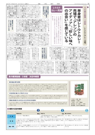 （）事 実 新 聞2013 年（平成 25 年）10 月 25 日（金曜日） ©2013 DO HOUSE Inc. All rights reserved.
　
直
近
1ヶ
月
以
内
に
ス
ー
パ
ー
の
レ
ト
ル
ト
カ
レ
ー
売
場
で
レ
ト
ル
ト
カ
レ
ー
を
購
入
し
た
全
国
の
単
身
者
に
つ
い
て
、
年
代
別
に
購
入
頻
度
を
見
た
の
が
「
図
1」
で
あ
る
。
全
体
で
は
約
半
数
以
上
が
月
に
2～
3回
以
上
の
頻
度
で
購
入
し
て
お
り
、
と
く
に
30代
以
下
の
「
週
1回
以
上
」
は
約
3割
と
他
の
年
代
に
比
べ
て
高
い
。「
カ
レ
ー
を
食
べ
た
い
と
思
っ
た
が
、
作
っ
て
鍋
を
洗
う
と
き
に
流
し
が
つ
ま
る
の
が
嫌
だ
っ
た
（
24歳
女
性
）」
と
調
理
後
の
片
付
け
の
煩
わ
し
さ
か
ら
レ
ト
ル
ト
カ
レ
ー
の
購
入
を
決
め
た
単
身
女
性
や
、「
職
場
で
の
お
弁
当
の
お
か
ず
に
よ
く
利
用
し
ま
す
（
39歳
男
性
）」「
ビ
ー
フ
カ
レ
ー
な
ら
簡
単
に
オ
フ
ィ
ス
で
温
め
ら
れ
る
し
、
ご
飯
も
チ
ン
す
る
だ
け
だ
か
ら
、
簡
単
で
元
気
が
出
る
よ
う
な
気
持
ち
に
な
る
（
32歳
女
性
）」
の
よ
う
に
、
昼
に
く
、
「
そ
の
日
の
メ
ニ
ュ
ー
は
決
ま
っ
て
い
て
す
ぐ
に
食
べ
る
わ
け
で
は
な
い
け
ど
、
必
ず
ま
た
突
然
カ
レ
ー
が
食
べ
た
い
！
と
思
う
こ
と
が
あ
る
の
で
、
買
っ
て
置
い
て
お
く
と
安
心
！
（
34歳
女
性
）」
と
、
突
然
食
べ
た
く
な
る
こ
と
を
予
想
し
て
買
い
置
き
へ
の
安
心
感
か
ら
購
入
し
て
い
る
人
や
、「
翌
週
に
予
定
し
て
い
た
旅
行
を
前
に
、
冷
蔵
庫
を
空
に
す
る
必
要
が
あ
っ
た
の
で
、
レ
ト
ル
ト
カ
レ
ー
を
買
お
う
と
決
め
て
い
ま
し
た
（
57歳
男
性
）」
の
よ
う
に
、
翌
週
の
旅
行
の
予
定
を
考
え
て
レ
ト
ル
ト
カ
レ
ー
の
買
い
置
き
を
行
う
単
身
男
性
も
い
る
。
　
な
お
、
リ
ピ
ー
ト
率
は
85・
3
％
と
多
く
、「『
カ
レ
ー
マ
ル
シ
ェ
』
は
も
と
も
と
好
き
で
よ
く
買
う
商
品
で
、
少
し
夏
ば
て
気
味
で
あ
っ
た
の
で
、
ス
パ
イ
ス
の
沢
山
入
っ
た
カ
レ
ー
で
元
気
に
な
ろ
う
と
思
っ
た
（
34歳
女
性
）」
の
よ
う
に
、
自
分
の
体
調
や
気
分
に
あ
わ
せ
て
好
き
な
レ
ト
ル
ト
カ
レ
ー
の
味
を
選
ん
で
い
る
よ
う
で
あ
る
。
　
そ
れ
で
は
、
単
身
者
は
レ
ト
ル
ト
カ
レ
ー
を
ど
の
よ
う
な
シ
ー
ン
を
思
い
浮
か
べ
て
購
入
し
て
い
る
の
だ
ろ
う
か
。
購
買
動
機
の
背
景
に
あ
る
気
持
ち
を
読
み
解
い
て
い
こ
う
。
　
リ
ピ
ー
タ
ー
は
レ
ト
ル
ト
カ
レ
ー
を
そ
の
ま
ま
食
べ
る
の
で
は
な
く
、
ス
パ
イ
ス
や
ト
ッ
ピ
ン
グ
を
加
え
る
な
ど
の
ア
レ
ン
ジ
を
し
て
、
自
分
好
み
の
味
で
食
べ
て
い
る
人
も
い
る
。「
元
々
購
入
予
定
だ
っ
た
麻
婆
豆
腐
の
素
を
手
に
取
っ
た
瞬
間
、
さ
っ
き
見
か
け
た
カ
レ
ー
が
蘇
っ
て
き
て
、
麻
婆
カ
レ
ー
も
い
い
か
も
し
れ
な
い
!!と
取
り
に
戻
っ
た
（
55歳
男
性
）」
と
、
メ
イ
ン
メ
ニ
ュ
ー
に
カ
レ
ー
を
か
け
て
新
し
い
味
に
挑
戦
し
よ
う
と
売
場
で
思
い
つ
い
て
い
た
り
、
レ
ト
ル
ト
カ
レ
ー
は
具
が
あ
ま
り
入
っ
て
い
な
い
の
で
、「
冷
蔵
庫
に
あ
る
具
材
を
ト
ッ
ピ
ン
グ
し
て
食
べ
る
の
に
丁
度
良
い
。
辛
さ
も
あ
ま
り
辛
す
ぎ
ず
食
べ
や
す
い
（
34歳
女
性
）」
の
よ
う
に
、
具
材
を
加
え
、
食
べ
や
す
い
味
へ
変
え
て
い
る
行
動
も
垣
間
見
ら
れ
た
。
　
一
方
、
ト
ラ
イ
ヤ
ー
で
は
、「
コ
コ
ナ
ッ
ツ
グ
リ
ー
ン
カ
レ
ー
は
、
自
分
で
作
る
の
は
面
倒
だ
し
よ
く
作
り
方
も
わ
か
ら
な
い
。
そ
れ
な
ら
一
度
試
し
て
み
て
、
美
味
し
か
っ
た
ら
ま
た
買
お
う
（
47歳
女
性
）」
と
、
自
分
で
は
作
り
た
く
な
い
カ
レ
ー
を
レ
ト
ル
ト
で
食
べ
た
い
と
い
う
気
持
ち
や
、「
辛
い
イ
ン
ド
カ
レ
ー
を
食
べ
て
み
た
か
っ
た
か
ら
（
39歳
男
性
）」「
初
め
て
見
る
種
類
の
カ
レ
ー
だ
な
。
チ
キ
ン
カ
レ
ー
の
レ
ト
ル
ト
は
珍
し
い
。
買
っ
て
み
よ
う（
39歳
男
性
）」
と
、
辛
さ
や
珍
し
い
味
の
カ
レ
ー
を
指
名
し
て
、
初
め
て
食
べ
る
味
を
選
ん
で
い
る
よ
う
で
あ
る
。
　
回
答
を
み
る
と
、
備
蓄
用
と
し
て
の
ス
ト
ッ
ク
や
手
抜
き
の
た
め
で
は
な
く
、
自
分
好
み
の
ア
レ
ン
ジ
や
初
め
て
の
味
に
挑
戦
し
た
結
果
得
ら
れ
る
至
福
の
時
間
を
味
わ
う
た
め
に
、
レ
ト
ル
ト
カ
レ
ー
を
購
入
し
て
い
る
人
が
多
く
い
た
。
購
入
後
の
食
べ
る
シ
ー
ン
や
売
場
で
商
品
を
探
す
わ
く
わ
く
感
を
訴
求
す
る
こ
と
が
今
後
の
単
身
者
へ
の
市
場
拡
大
へ
の
カ
ギ
と
な
る
可
能
性
が
あ
る
。
例
え
ば
、
味
、
辛
さ
、
量
、
具
の
種
類
等
の
組
み
合
わ
せ
に
よ
っ
て
数
多
く
の
種
類
の
レ
ト
ル
ト
カ
レ
ー
が
あ
る
が
、
ひ
と
手
間
加
え
る
使
用
シ
ー
ン
を
提
案
す
る
こ
と
で
同
じ
カ
レ
ー
を
リ
ピ
ー
ト
す
る
可
能
性
が
広
が
る
こ
と
も
期
待
で
き
る
。
ま
た
、
手
作
り
す
る
の
が
難
し
い
、
新
し
い
味
を
紹
介
す
る
こ
と
で
新
商
品
を
売
場
で
発
見
す
る
楽
し
さ
を
も
た
ら
す
こ
と
が
で
き
る
の
か
も
し
れ
な
い
。　
　
　
　
　
　
　
　
　
（
滝
）
オ
フ
ィ
ス
で
食
べ
る
た
め
に
購
入
し
て
い
る
人
も
い
る
。
　
計
画
・
非
計
画
購
買
の
割
合（
図
2）
を
み
る
と
、
約
半
数
が
ス
ー
パ
ー
で
購
入
を
決
め
て
い
る
非
計
画
購
買
者
と
な
っ
て
お
り
、「
深
夜
の
夜
食
に
は
イ
ン
ス
タ
ン
ト
ラ
ー
メ
ン
を
食
べ
る
こ
と
が
多
い
が
い
さ
さ
か
食
傷
気
味
だ
っ
た
の
で
、「
た
ま
に
は
違
う
物
も
食
べ
た
い
」
と
の
思
い
が
湧
き
、
た
ま
た
ま
隣
の
棚
に
陳
列
さ
れ
て
い
た
レ
ト
ル
ト
カ
レ
ー
に
目
が
行
っ
た
（
39歳
男
性
）」「
い
つ
も
の
よ
う
に
生
鮮
野
菜
と
惣
菜
を
購
入
す
る
つ
も
り
だ
っ
た
が
お
目
当
て
の
惣
菜
が
売
り
き
れ
だ
っ
た
の
で
店
内
を
周
っ
た
と
き
に
レ
ト
ル
ト
カ
レ
ー
が
目
に
つ
い
た
（
59歳
女
性
）」
と
、
同
じ
も
の
を
食
べ
飽
き
て
い
る
様
子
や
目
的
の
惣
菜
が
手
に
入
ら
な
か
っ
た
人
が
レ
ト
ル
ト
カ
レ
ー
売
場
を
訪
れ
て
い
る
こ
と
が
う
か
が
え
る
。
　
「
図
3」
は
レ
ト
ル
ト
カ
レ
ー
売
場
で
レ
ト
ル
ト
カ
レ
ー
の
購
入
を
決
定
し
て
カ
ゴ
に
入
れ
る
最
終
段
階
で
の
購
買
動
機
に
つ
い
て
表
し
た
も
の
で
あ
る
。
全
体
で
見
る
と
、
購
買
動
機
の
1位
は
「
自
分
の
好
み
」
が
34・
6％
で
、
次
い
で「
特
売
・
値
引
き
」
29・
3％
、「
使
い
勝
手
」
22・
9％
、「
手
ご
ろ
な
価
格
」
17・
7％
、「
ス
ト
ッ
ク
」
16・
0％
と
続
き
、
男
女
で
大
き
な
違
い
は
見
ら
れ
な
い
。「
価
格
が
安
く
カ
レ
ー
う
ど
ん
用
と
し
て
使
い
勝
手
が
良
い
（
44歳
男
性
）」
の
よ
う
に
、
は
じ
め
か
ら
カ
レ
ー
う
ど
ん
用
と
し
て
レ
ト
ル
ト
カ
レ
ー
を
使
用
し
て
い
る
単
身
男
性
や
、
「
お
料
理
は
好
き
だ
け
ど
、
平
日
の
仕
事
か
ら
帰
っ
て
か
ら
は
あ
ま
り
時
間
を
か
け
た
く
な
い
し
、
最
近
の
『
ボ
ン
カ
レ
ー
』
は
レ
ン
ジ
で
調
理
で
き
る
の
で
、
火
を
使
わ
な
く
て
い
い
の
で
暑
い
夏
に
は
ぴ
っ
た
り
（
35歳
女
性
）」
と
、
電
子
レ
ン
ジ
を
使
用
し
て
食
べ
ら
れ
る
手
軽
さ
か
ら
指
定
の
レ
ト
ル
ト
カ
レ
ー
を
指
名
買
い
し
て
い
る
単
身
女
性
も
い
る
。
ま
た
、
ス
ト
ッ
ク
と
し
て
の
購
入
の
割
合
も
高
単
身
者
の
ス
ー
パ
ー
で
の
買
い
物
。
店
内
で
、
何
に
注
目
し
、
ど
ん
な
基
準
で
商
品
を
選
ぶ
の
か
。
単
身
者
の
店
内
の
行
動
と
そ
の
と
き
の
気
持
ち
を
ま
と
め
、
レ
ト
ル
ト
食
品
売
場
で
レ
ト
ル
ト
カ
レ
ー
の
購
入
を
決
定
し
て
カ
ゴ
に
入
れ
る
ま
で
の
購
買
行
動
の
実
態
に
迫
る
。
真
の
購
買
動
機
・
３
秒
間　
［
レ
ト
ル
ト
カ
レ
ー
売
場
］
単
身
者
は
レ
ト
ル
ト
カ
レ
ー
売
場
で
「
ア
レ
ン
ジ
の
ア
イ
デ
ィ
ア
」
、「
珍
し
い
味
へ
の
出
会
い
」
を
感
じ
て
い
る
レトルト
カレー売場
［ 年 齢 ］	 37歳　女性
［家族構成］	 一人暮らし
［ 店 舗 ］	 イオン　新座店
［購入商品］	 カリー屋カレー〈中辛〉
［購入経験］	 これまでに経験がある
売場を見る 吟味する 購入を決める
行　動
レトルトカレー売場に移動する。 一通り売場の商品を見た後、パッケージの緑色の文字を
目印に、『カリー屋カレー〈中辛〉』を探す。
『カリー屋カレー〈中辛〉』をカゴに入れる。
意　識
レトルトカレーのストックがなくなっていたから、忘れ
ずに購入しないとな。さっき、漬物売場でらっきょうを
見てから、らっきょうが食べたくなった。カレーと一緒
に食べたいな。
『カレーマルシェ』もたまに食べたくなるんだよな、でも
今日はいつも食べなれている『カリー屋カレー〈中辛〉』
にしよう。
甘い味がする『カリー屋ハヤシ』も迷うな、でも今日はス
パイシーな気分だから、カレーにしよう。
理由・背景
カリー屋シリーズは家に3種類ストックしていて、1つ
食べたら1つ補充して、常になくならないようにしてい
る。
たまに食べるなら、『カレーマルシェ』、普段食べるなら
『カリー屋カレー〈中辛〉』と決めている。
食べたい気分によって、食べるレトルトカレーの味を変
えている。
■ 購買の決定的瞬間
真の購買動機・３秒間　決定的瞬間
購入商品に関する背景
レトルトカレーはルウから作るカレーと違って材料をそろえる必要もないし、「何食べようか」と考えることもしないで済むので、のんびり過
ごしたい休日の昼食にはぴったり。家で食べるときは、あらかじめ冷凍しておいたご飯を解凍して、温めたレトルトカレーにかけて食べる。
たまに『カレーマルシェ』も食べたいと思うけれども、いつも食べている『カリー屋カレー』は食べ慣れているし、手ごろな価格がお気に入り。
自宅には、『カリー屋カレー〈中辛〉』『カリー屋チキンカレー〈中辛〉』『カリー屋ハヤシ』の3種類は必ずストックしてあるので、いつカレーが
食べたくなっても大丈夫という安心感もある。甘い味が食べたいときは、『カリー屋ハヤシ』、スパイシーな味わいが欲しいときは『カリー屋
カレー〈中辛〉』のように、気分によってカレーの種類を変えるようにしている。
その日の買い物について考えていたこと
近所のスーパーには週に1～2回は行くので、この日も売場をひと通り見て、レトルト売場にたどり着いた。購入する商品は決めていないの
で、売場を見ながら購入するものを決めよう。レトルトカレーのストックがなくなったので、いつも食べている『カリー屋カレー』シリーズ
を忘れずに買わなきゃな。いつ食べたくなっても大丈夫なように、購入しよう。自宅には冷凍のご飯のストックもあるしね。
売場に足を運ぶきっかけとなったことやそのときの気持ち
レトルトカレー売場って、たくさん種類があるよね。外食やコンビニ弁当でもカレーを食べることはあるから、自宅で食べるカレーはそこま
で味にこだわらなくてもいいかな。あまり高くても手が出ないしな。欲しいレトルトカレーは決まっているけど、一通り商品を眺めて見る
のも楽しいよね。
半
数
以
上
は
月
に
2～
3回
購
入
、お
昼
は
オ
フ
ィ
ス
で
食
べ
て
元
気
を
出
す
人
も
突
然
食
べ
た
く
な
る
と
き
に
備
え
て
ス
ト
ッ
ク
し
た
く
な
る
ア
レ
ン
ジ
に
よ
る
自
分
好
み
の
味
へ
の
変
化
や
、
新
し
い
味
へ
の
挑
戦
も
 