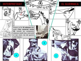 A
B
C
INTERPRETANT EL GUERNICA
Picasso va fer 45 esbossos dels
quals s'han conservat només
30: estudis de composició,
esbossos cavall, brau, mare amb
el nen mort, mà del guerrer
amb l’espasa.
 