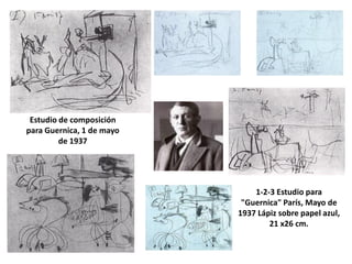 1-2-3 Estudio para
"Guernica" París, Mayo de
1937 Lápiz sobre papel azul,
21 x26 cm.
Estudio de composición
para Guernica, 1 de mayo
de 1937
 