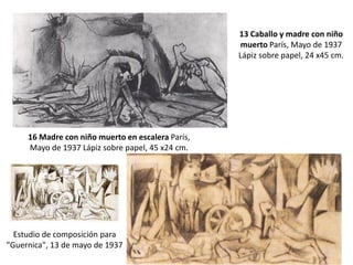 16 Madre con niño muerto en escalera París,
Mayo de 1937 Lápiz sobre papel, 45 x24 cm.
13 Caballo y madre con niño
muerto París, Mayo de 1937
Lápiz sobre papel, 24 x45 cm.
Estudio de composición para
"Guernica", 13 de mayo de 1937
 