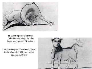 18 Estudio para "Guernica";
Caballo París, Mayo de 1937
Lápiz sobre papel, 24 x45 cm.
22 Estudio para "Guernica"; Toro
París, Mayo de 1937 Lápiz sobre
papel, 24 x45 cm.
 
