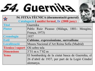 54. FITXA TÈCNICA (documentació general)
Catalogació i anàlisi formal, 1v (2008 juny)
Títol Guernika
Pintor Pablo Ruiz Picasso (Màlaga, 1881- Mougins,
França, 1973)
Cronologia 1937
Estil Cubisme, expressionisme, surrealisme
Localització Museu Nacional d’Art Reina Sofia (Madrid)
Tècnica i suport Oli sobre tela
Dimensions 3’51 m x 7’82 m
Tema El bombardeig de la ciutat basca de Guernika, el
26 d’abril de 1937, per part de la Legió Còndor
alemanya.
 