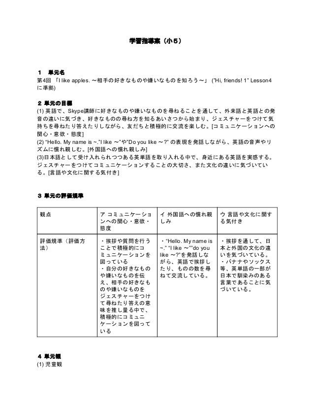 小学5年生向け Skypeを利用した英語授業 第4回学習指導案 小学5年生向け Skypeを利用した英語授業 第4回学習指導案