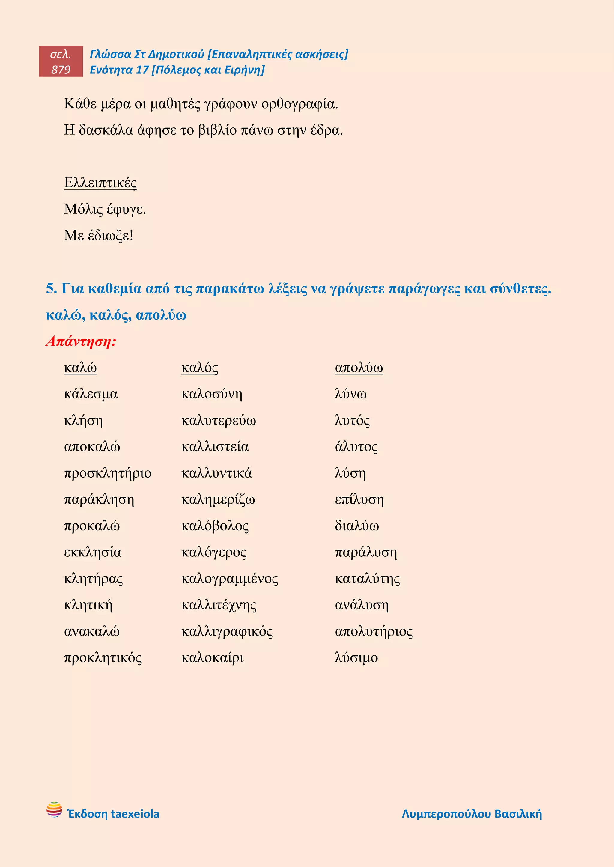 σελ.
879
Γλώσσα Στ Δημοτικού [Επαναληπτικές ασκήσεις]
Ενότητα 17 [Πόλεμος και Ειρήνη]
Έκδοση taexeiola Λυμπεροπούλου Βασιλική
Κάθε μέρα οι μαθητές γράφουν ορθογραφία.
Η δασκάλα άφησε το βιβλίο πάνω στην έδρα.
Ελλειπτικές
Μόλις έφυγε.
Με έδιωξε!
5. Για καθεμία από τις παρακάτω λέξεις να γράψετε παράγωγες και σύνθετες.
καλώ, καλός, απολύω
Απάντηση:
καλώ καλός απολύω
κάλεσμα καλοσύνη λύνω
κλήση καλυτερεύω λυτός
αποκαλώ καλλιστεία άλυτος
προσκλητήριο καλλυντικά λύση
παράκληση καλημερίζω επίλυση
προκαλώ καλόβολος διαλύω
εκκλησία καλόγερος παράλυση
κλητήρας καλογραμμένος καταλύτης
κλητική καλλιτέχνης ανάλυση
ανακαλώ καλλιγραφικός απολυτήριος
προκλητικός καλοκαίρι λύσιμο
 