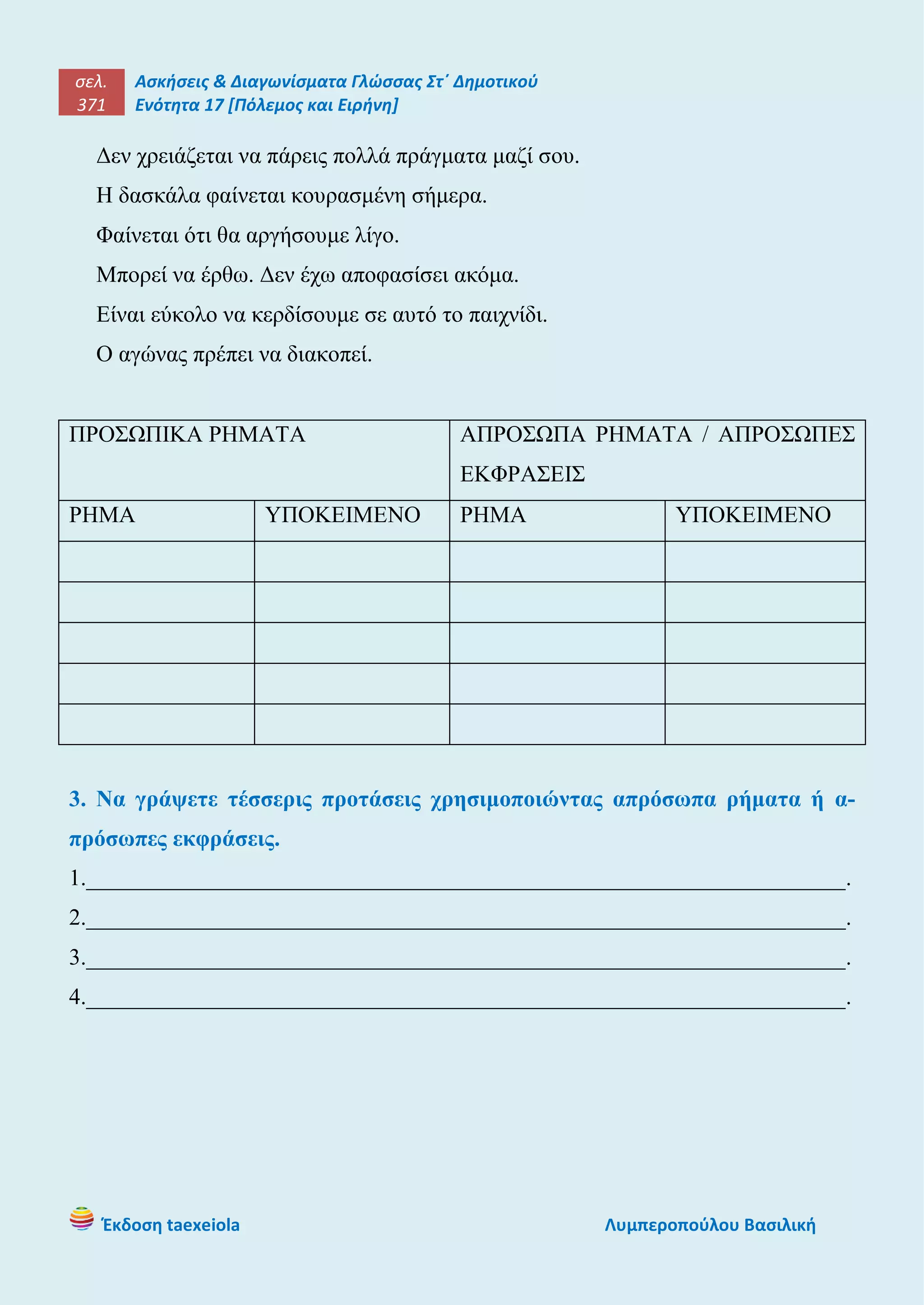 σελ.
371
Ασκήσεις & Διαγωνίσματα Γλώσσας Στ΄ Δημοτικού
Ενότητα 17 [Πόλεμος και Ειρήνη]
Έκδοση taexeiola Λυμπεροπούλου Βασιλική
Δεν χρειάζεται να πάρεις πολλά πράγματα μαζί σου.
Η δασκάλα φαίνεται κουρασμένη σήμερα.
Φαίνεται ότι θα αργήσουμε λίγο.
Μπορεί να έρθω. Δεν έχω αποφασίσει ακόμα.
Είναι εύκολο να κερδίσουμε σε αυτό το παιχνίδι.
Ο αγώνας πρέπει να διακοπεί.
ΠΡΟΣΩΠΙΚΑ ΡΗΜΑΤΑ ΑΠΡΟΣΩΠΑ ΡΗΜΑΤΑ / ΑΠΡΟΣΩΠΕΣ
ΕΚΦΡΑΣΕΙΣ
ΡΗΜΑ ΥΠΟΚΕΙΜΕΝΟ ΡΗΜΑ ΥΠΟΚΕΙΜΕΝΟ
3. Να γράψετε τέσσερις προτάσεις χρησιμοποιώντας απρόσωπα ρήματα ή α-
πρόσωπες εκφράσεις.
1.__________________________________________________________________.
2.__________________________________________________________________.
3.__________________________________________________________________.
4.__________________________________________________________________.
 