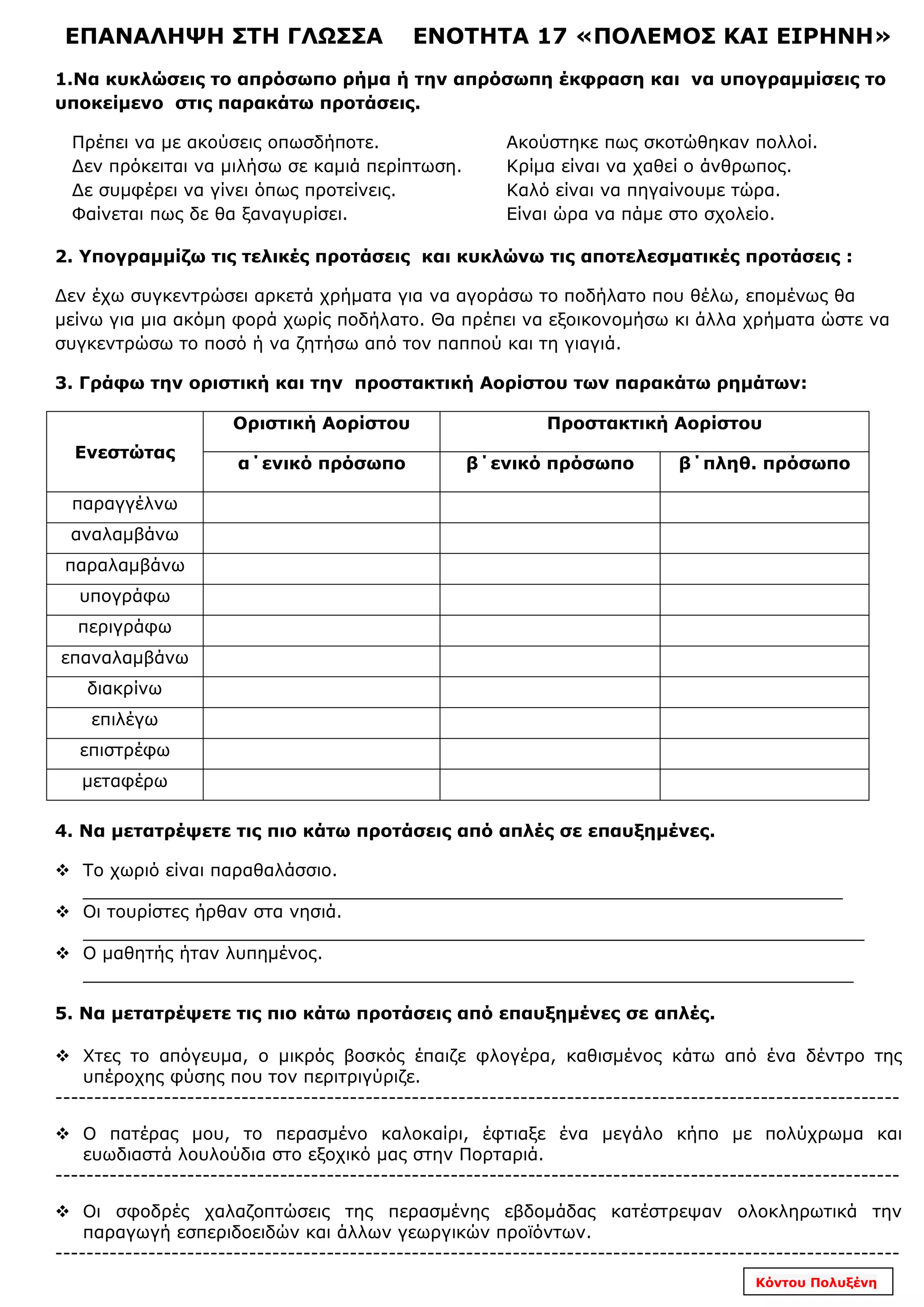 ΕΠΑΝΑΛΗΨΗ ΣΤΗ ΓΛΩΣΣΑ ΕΝΟΤΗΤΑ 17 «ΠΟΛΕΜΟΣ ΚΑΙ ΕΙΡΗΝΗ»
1.Να κυκλώσεις το απρόσωπο ρήμα ή την απρόσωπη έκφραση και να υπογραμμίσεις το
υποκείμενο στις παρακάτω προτάσεις.
Πρέπει να με ακούσεις οπωσδήποτε.
Δεν πρόκειται να μιλήσω σε καμιά περίπτωση.
Δε συμφέρει να γίνει όπως προτείνεις.
Φαίνεται πως δε θα ξαναγυρίσει.
Ακούστηκε πως σκοτώθηκαν πολλοί.
Κρίμα είναι να χαθεί ο άνθρωπος.
Καλό είναι να πηγαίνουμε τώρα.
Είναι ώρα να πάμε στο σχολείο.
2. Υπογραμμίζω τις τελικές προτάσεις και κυκλώνω τις αποτελεσματικές προτάσεις :
Δεν έχω συγκεντρώσει αρκετά χρήματα για να αγοράσω το ποδήλατο που θέλω, επομένως θα
μείνω για μια ακόμη φορά χωρίς ποδήλατο. Θα πρέπει να εξοικονομήσω κι άλλα χρήματα ώστε να
συγκεντρώσω το ποσό ή να ζητήσω από τον παππού και τη γιαγιά.
3. Γράφω την οριστική και την προστακτική Αορίστου των παρακάτω ρημάτων:
Ενεστώτας
Οριστική Αορίστου Προστακτική Αορίστου
α΄ενικό πρόσωπο β΄ενικό πρόσωπο β΄πληθ. πρόσωπο
παραγγέλνω
αναλαμβάνω
παραλαμβάνω
υπογράφω
περιγράφω
επαναλαμβάνω
διακρίνω
επιλέγω
επιστρέφω
μεταφέρω
4. Να μετατρέψετε τις πιο κάτω προτάσεις από απλές σε επαυξημένες.
 Το χωριό είναι παραθαλάσσιο.
______________________________________________________________________
 Οι τουρίστες ήρθαν στα νησιά.
________________________________________________________________________
 Ο μαθητής ήταν λυπημένος.
_______________________________________________________________________
5. Να μετατρέψετε τις πιο κάτω προτάσεις από επαυξημένες σε απλές.
 Χτες το απόγευμα, ο μικρός βοσκός έπαιζε φλογέρα, καθισμένος κάτω από ένα δέντρο της
υπέροχης φύσης που τον περιτριγύριζε.
-------------------------------------------------------------------------------------------------------------
 Ο πατέρας μου, το περασμένο καλοκαίρι, έφτιαξε ένα μεγάλο κήπο με πολύχρωμα και
ευωδιαστά λουλούδια στο εξοχικό μας στην Πορταριά.
-------------------------------------------------------------------------------------------------------------
 Οι σφοδρές χαλαζοπτώσεις της περασμένης εβδομάδας κατέστρεψαν ολοκληρωτικά την
παραγωγή εσπεριδοειδών και άλλων γεωργικών προϊόντων.
-------------------------------------------------------------------------------------------------------------
Κόντου Πολυξένη
 