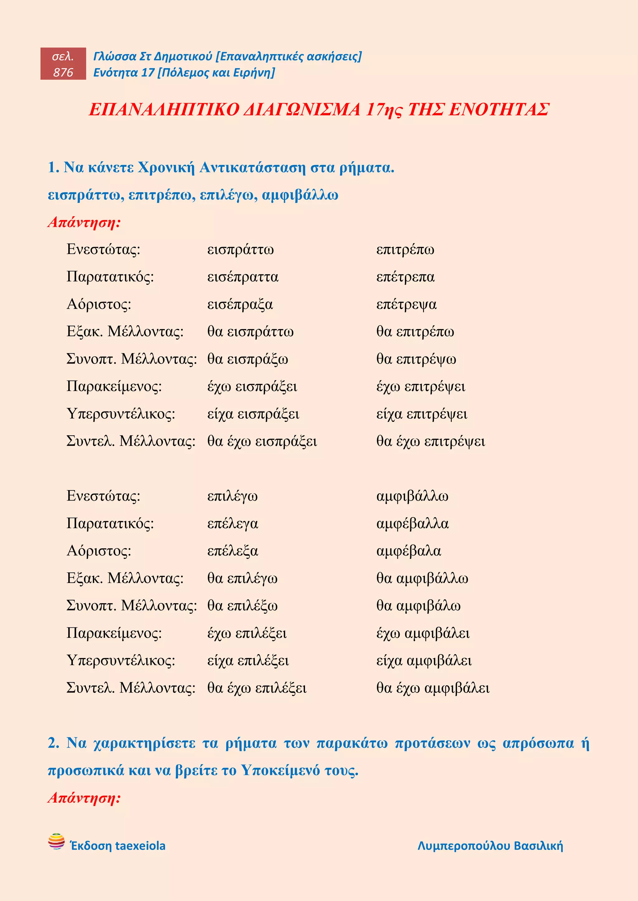 σελ.
876
Γλώσσα Στ Δημοτικού [Επαναληπτικές ασκήσεις]
Ενότητα 17 [Πόλεμος και Ειρήνη]
Έκδοση taexeiola Λυμπεροπούλου Βασιλική
ΕΠΑΝΑΛΗΠΤΙΚΟ ΔΙΑΓΩΝΙΣΜΑ 17ης ΤΗΣ ΕΝΟΤΗΤΑΣ
1. Να κάνετε Χρονική Αντικατάσταση στα ρήματα.
εισπράττω, επιτρέπω, επιλέγω, αμφιβάλλω
Απάντηση:
Ενεστώτας: εισπράττω επιτρέπω
Παρατατικός: εισέπραττα επέτρεπα
Αόριστος: εισέπραξα επέτρεψα
Εξακ. Μέλλοντας: θα εισπράττω θα επιτρέπω
Συνοπτ. Μέλλοντας: θα εισπράξω θα επιτρέψω
Παρακείμενος: έχω εισπράξει έχω επιτρέψει
Υπερσυντέλικος: είχα εισπράξει είχα επιτρέψει
Συντελ. Μέλλοντας: θα έχω εισπράξει θα έχω επιτρέψει
Ενεστώτας: επιλέγω αμφιβάλλω
Παρατατικός: επέλεγα αμφέβαλλα
Αόριστος: επέλεξα αμφέβαλα
Εξακ. Μέλλοντας: θα επιλέγω θα αμφιβάλλω
Συνοπτ. Μέλλοντας: θα επιλέξω θα αμφιβάλω
Παρακείμενος: έχω επιλέξει έχω αμφιβάλει
Υπερσυντέλικος: είχα επιλέξει είχα αμφιβάλει
Συντελ. Μέλλοντας: θα έχω επιλέξει θα έχω αμφιβάλει
2. Να χαρακτηρίσετε τα ρήματα των παρακάτω προτάσεων ως απρόσωπα ή
προσωπικά και να βρείτε το Υποκείμενό τους.
Απάντηση:
 