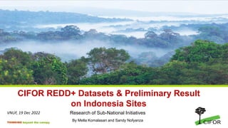 THINKING beyond the canopy
CIFOR REDD+ Datasets & Preliminary Result
on Indonesia Sites
Research of Sub-National Initiatives
By Mella Komalasari and Sandy Nofyanza
VNUF, 19 Dec 2022
 