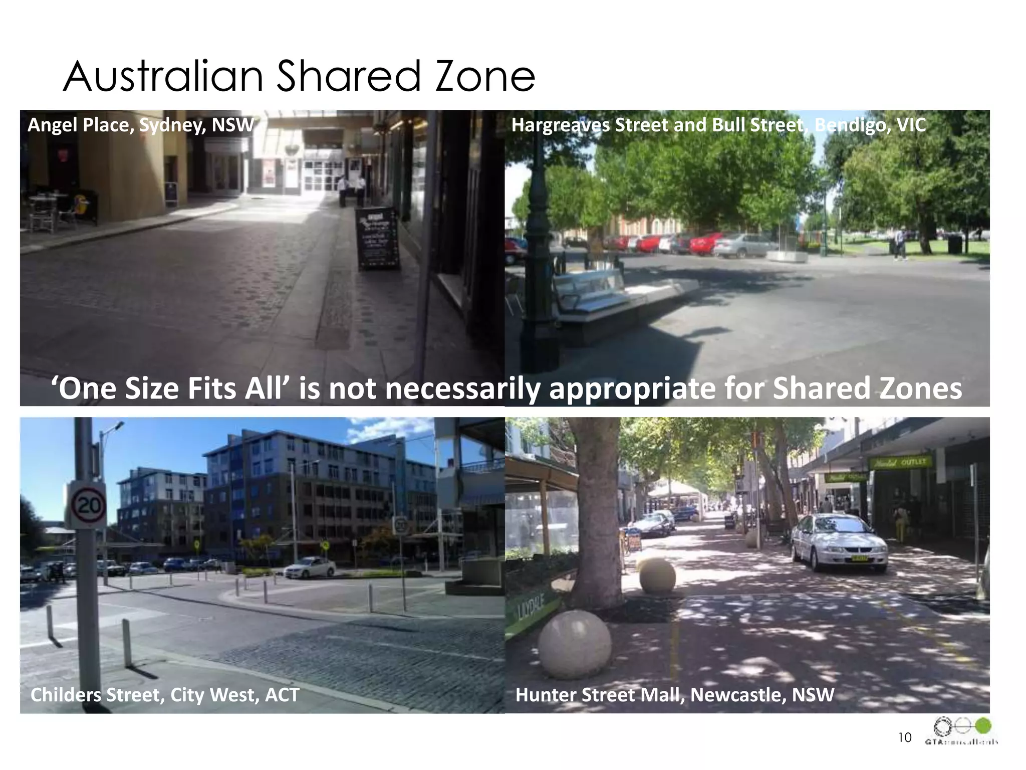 Australian Shared Zone
Angel Place, Sydney, NSW
Childers Street, City West, ACT Hunter Street Mall, Newcastle, NSW
Hargreaves Street and Bull Street, Bendigo, VIC
‘One Size Fits All’ is not necessarily appropriate for Shared Zones
10
 