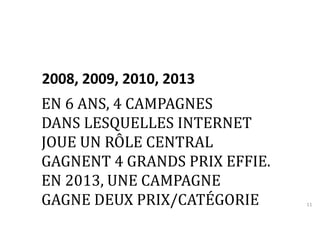 2008, 2009, 2010, 2013 
11 
EN 6 ANS, 4 CAMPAGNES 
DANS LESQUELLES INTERNET 
JOUE UN RÔLE CENTRAL 
GAGNENT 4 GRANDS PRIX EFFIE. 
EN 2013, UNE CAMPAGNE 
GAGNE DEUX PRIX/CATÉGORIE 
 