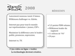 2008 
Lancement nouveau rasoir 4 lames. 
Wilkinson challenger vs. Gilette. 
Internet pas pour tout le monde: 
sur représentation + jeunes, CSP+. 
Maximiser la différence avec le leader: 
public, promesse, expression. 
Internet vs. TV. 
 Jeu vidéo en ligne + trailer. 
La technologie devient créative. 
RÉSULTATS 
+ 5,3 points PDM volume. 
• Wilkinson leader du 
segment 
• 11 millions de "VU" 
• 20 pays 
17 
 