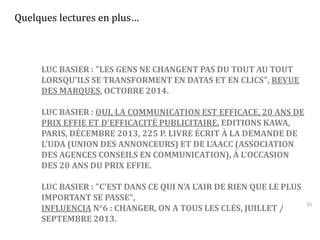 55 
Quelques lectures en plus… 
LUC BASIER : "LES GENS NE CHANGENT PAS DU TOUT AU TOUT 
LORSQU'ILS SE TRANSFORMENT EN DATAS ET EN CLICS", REVUE 
DES MARQUES, OCTOBRE 2014. 
LUC BASIER : OUI, LA COMMUNICATION EST EFFICACE, 20 ANS DE 
PRIX EFFIE ET D'EFFICACITÉ PUBLICITAIRE, EDITIONS KAWA, 
PARIS, DÉCEMBRE 2013, 225 P. LIVRE ÉCRIT À LA DEMANDE DE 
L'UDA (UNION DES ANNONCEURS) ET DE L'AACC (ASSOCIATION 
DES AGENCES CONSEILS EN COMMUNICATION), À L'OCCASION 
DES 20 ANS DU PRIX EFFIE. 
LUC BASIER : "C'EST DANS CE QUI N'A L'AIR DE RIEN QUE LE PLUS 
IMPORTANT SE PASSE", 
INFLUENCIA N°6 : CHANGER, ON A TOUS LES CLÉS, JUILLET / 
SEPTEMBRE 2013. 
 