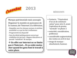 Marque patrimoniale mais assoupie 
Organiser la montée en puissance de 
la rumeur, de l‘Internet à la télévision. 
- Empathie avec les réseaux sociaux et extrême 
sensibilité a ce qui les fait s'enflammer. 
- Progressivité du dispositif 
- Sens du détail politiquement correct qui 
crédibilise (et qui tue) : blagues éducatives et 
pseudo "manifesto" de marque. 
 Un effet sur Internet ne se limite 
pas à l‘Internet… Et ça coûte moins 
cher quand les gens font le travail à 
votre place. 
RÉSULTATS 
• Contacts : "l'équivalent 
d'un an de communi-cation" 
pour zéro €, avant 
l'opération de promo 
"normale" en phase 2 
+ notoriété, considération, 
préférence 
+ considérable augmentation 
des ventes en avril et mai 
+ image de marque : 
attachement, humour. 
2013 
 
