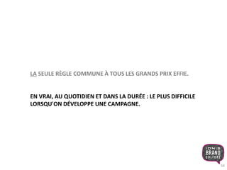 54 
LA SEULE RÈGLE COMMUNE À TOUS LES GRANDS PRIX EFFIE. 
EN VRAI, AU QUOTIDIEN ET DANS LA DURÉE : LE PLUS DIFFICILE 
LORSQU'ON DÉVELOPPE UNE CAMPAGNE. 
 