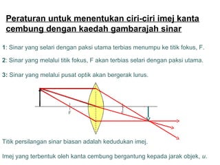 Peraturan untuk menentukan ciri-ciri imej kanta
cembung dengan kaedah gambarajah sinar
1: Sinar yang selari dengan paksi utama terbias menumpu ke titik fokus, F.
2: Sinar yang melalui titik fokus, F akan terbias selari dengan paksi utama.
3: Sinar yang melalui pusat optik akan bergerak lurus.
Titik persilangan sinar biasan adalah kedudukan imej.
Imej yang terbentuk oleh kanta cembung bergantung kepada jarak objek, u.
 