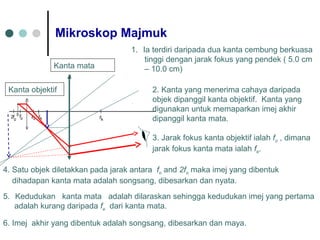 Mikroskop Majmuk
1. Ia terdiri daripada dua kanta cembung berkuasa
tinggi dengan jarak fokus yang pendek ( 5.0 cm
– 10.0 cm)
2. Kanta yang menerima cahaya daripada
objek dipanggil kanta objektif. Kanta yang
digunakan untuk memaparkan imej akhir
dipanggil kanta mata.
3. Jarak fokus kanta objektif ialah fo , dimana
jarak fokus kanta mata ialah fe.
4. Satu objek diletakkan pada jarak antara fo and 2fo maka imej yang dibentuk
dihadapan kanta mata adalah songsang, dibesarkan dan nyata.
5. Kedudukan kanta mata adalah dilaraskan sehingga kedudukan imej yang pertama
adalah kurang daripada fe dari kanta mata.
6. Imej akhir yang dibentuk adalah songsang, dibesarkan dan maya.
Kanta mata
Kanta objektif
 
