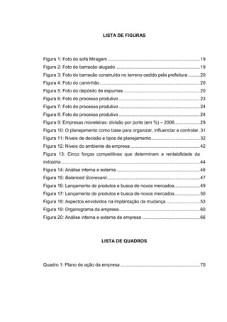 11
LISTA DE FIGURAS
Figura 1: Foto do sofá Miragem........................................................................19
Figura 2: Foto do barracão alugado .................................................................19
Figura 3: Foto do barracão construído no terreno cedido pela prefeitura .........20
Figura 4: Foto do caminhão ..............................................................................20
Figura 5: Foto do depósito de espumas ...........................................................20
Figura 6: Foto do processo produtivo ...............................................................23
Figura 7: Foto do processo produtivo ...............................................................24
Figura 8: Foto do processo produtivo ...............................................................24
Figura 9: Empresas moveleiras: divisão por porte (em %) – 2006....................29
Figura 10: O planejamento como base para organizar, influenciar e controlar.31
Figura 11: Níveis de decisão e tipos de planejamento......................................32
Figura 12: Níveis do ambiente da empresa ......................................................42
Figura 13: Cinco forças competitivas que determinam a rentabilidade da
indústria ............................................................................................................44
Figura 14: Análise interna e externa .................................................................46
Figura 15: Balanced Scorecard.........................................................................47
Figura 16: Lançamento de produtos e busca de novos mercados....................49
Figura 17: Lançamento de produtos e busca de novos mercados....................50
Figura 18: Aspectos envolvidos na implantação da mudança ..........................53
Figura 19: Organograma da empresa...............................................................60
Figura 20: Análise interna e externa da empresa .............................................66
LISTA DE QUADROS
Quadro 1: Plano de ação da empresa ..............................................................70
 