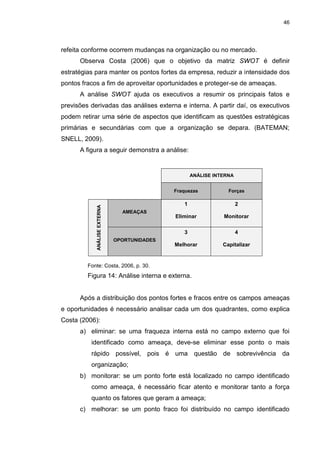 46
refeita conforme ocorrem mudanças na organização ou no mercado.
Observa Costa (2006) que o objetivo da matriz SWOT é definir
estratégias para manter os pontos fortes da empresa, reduzir a intensidade dos
pontos fracos a fim de aproveitar oportunidades e proteger-se de ameaças.
A análise SWOT ajuda os executivos a resumir os principais fatos e
previsões derivadas das análises externa e interna. A partir daí, os executivos
podem retirar uma série de aspectos que identificam as questões estratégicas
primárias e secundárias com que a organização se depara. (BATEMAN;
SNELL, 2009).
A figura a seguir demonstra a análise:
ANÁLISE INTERNA
Fraquezas Forças
ANÁLISEEXTERNA
AMEAÇAS
1
Eliminar
2
Monitorar
OPORTUNIDADES
3
Melhorar
4
Capitalizar
Fonte: Costa, 2006, p. 30.
Figura 14: Análise interna e externa.
Após a distribuição dos pontos fortes e fracos entre os campos ameaças
e oportunidades é necessário analisar cada um dos quadrantes, como explica
Costa (2006):
a) eliminar: se uma fraqueza interna está no campo externo que foi
identificado como ameaça, deve-se eliminar esse ponto o mais
rápido possível, pois é uma questão de sobrevivência da
organização;
b) monitorar: se um ponto forte está localizado no campo identificado
como ameaça, é necessário ficar atento e monitorar tanto a força
quanto os fatores que geram a ameaça;
c) melhorar: se um ponto fraco foi distribuído no campo identificado
 