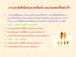 ภาวะธาลัสซีเมียพบมากเพียงใด และถ่ ายทอดได้ อย่ างไร
•    ภาวะธาลัสซีเมียพบมากในประเทศไทย และพบได้ ทวโลก ภาวะธาลัสซีเมียที่พบในบาง
                                                  ั่
    ประเทศเกือบทังหมด เป็ นแบบเดียวกัน แต่ในประเทศไทยมีความหลากหลายมาก จากการ
                     ้
    สํารวจ ภาวะธาลัสซีเมียในประเทศไทยสามารถแบ่งเป็ นพวกใหญ่ๆ ที่สาคัญ 2 พวกคือ
                                                                 ํ
•   พวกที ่ 1 - แอลฟ่ า-ธาลัสซี เมีย พบมากได้แก่
•   พาหะของแอลฟ่ า-ธาลัสซีเมีย 1 พบประมาณร้ อยละ 5
•   พาหะของแอลฟ่ า-ธาลัสซีเมีย 2 พบประมาณร้ อยละ 16
•   พาหะของฮีโมโกลบินคอนสแตนท์สปริง พบประมาณร้ อยละ 4
•   พวกที ่ 2 - เบต้า-ธาลัสซี เมีย
•   พาหะของเบต้ า-ธาลัสซีเมีย พบประมาณร้ อยละ 5
•   พาหะของฮีโมโกลบินอี พบประมาณร้ อยละ 13
 
