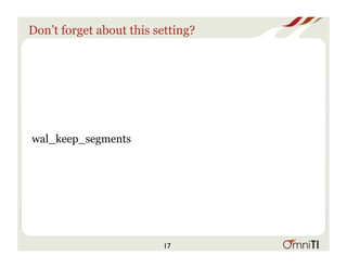 Don’t forget about this setting?
wal_keep_segments
17
 