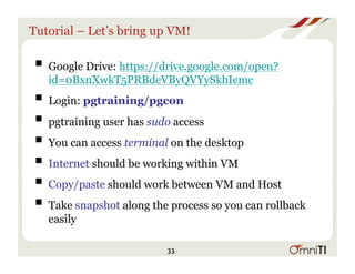 Tutorial – Let’s bring up VM!
! Google Drive: https://drive.google.com/open?
id=0BxnXwkT5PRBdeVByQVYySkhIemc
! Login: pgtraining/pgcon
! pgtraining user has sudo access
! You can access terminal on the desktop
! Internet should be working within VM
! Copy/paste should work between VM and Host
! Take snapshot along the process so you can rollback
easily
33
 