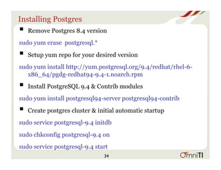 Installing Postgres
! Remove Postgres 8.4 version
sudo yum erase postgresql.*
! Setup yum repo for your desired version
sudo yum install http://yum.postgresql.org/9.4/redhat/rhel-6-
x86_64/pgdg-redhat94-9.4-1.noarch.rpm
! Install PostgreSQL 9.4 & Contrib modules
sudo yum install postgresql94-server postgresql94-contrib
! Create postgres cluster & initial automatic startup
sudo service postgresql-9.4 initdb
sudo chkconfig postgresql-9.4 on
sudo service postgresql-9.4 start
34
 