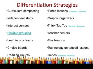 Differentiation Strategies
•Curriculum compacting
•Independent study
•Interest centers
•Flexible grouping
•Learning contra...