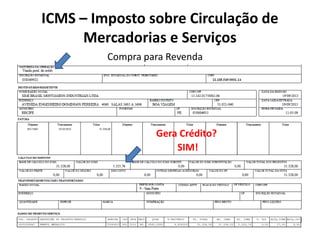 Compra para Revenda
ICMS – Imposto sobre Circulação de
Mercadorias e Serviços
Gera Crédito?
SIM!
 