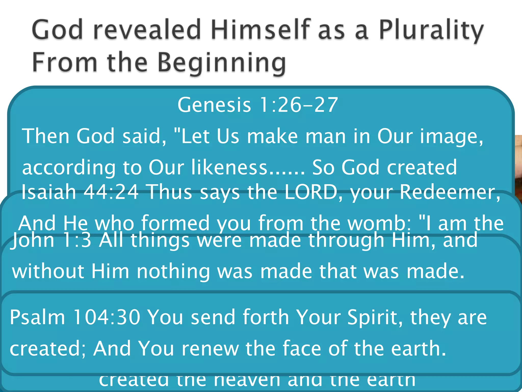 God used a special name for Himself (the most common name in the Bible) ELOHIM Created all things;  God the Father created all things God the Son created all things God the Holy Spirit created all things THEREFORE: Elohim is the name of God in Three persons Genesis 1:26-27  Then God said, "Let Us make man in Our image, according to Our likeness...... So God created man in His own image; in the image of God He created him; male and female He created them"  Genesis 1:1 "In the beginning God <'elohiym> created the heaven and the earth" Isaiah 44:24 Thus says the LORD, your Redeemer, And He who formed you from the womb: "I am the LORD, who makes all things, Who stretches out the heavens all alone, Who spreads abroad the earth by Myself; John 1:3 All things were made through Him, and without Him nothing was made that was made. Hebrews 1:2 has in these last days spoken to us by His Son, whom He has appointed heir of all things, through whom also He made the worlds Psalm 104:30 You send forth Your Spirit, they are created; And You renew the face of the earth. 