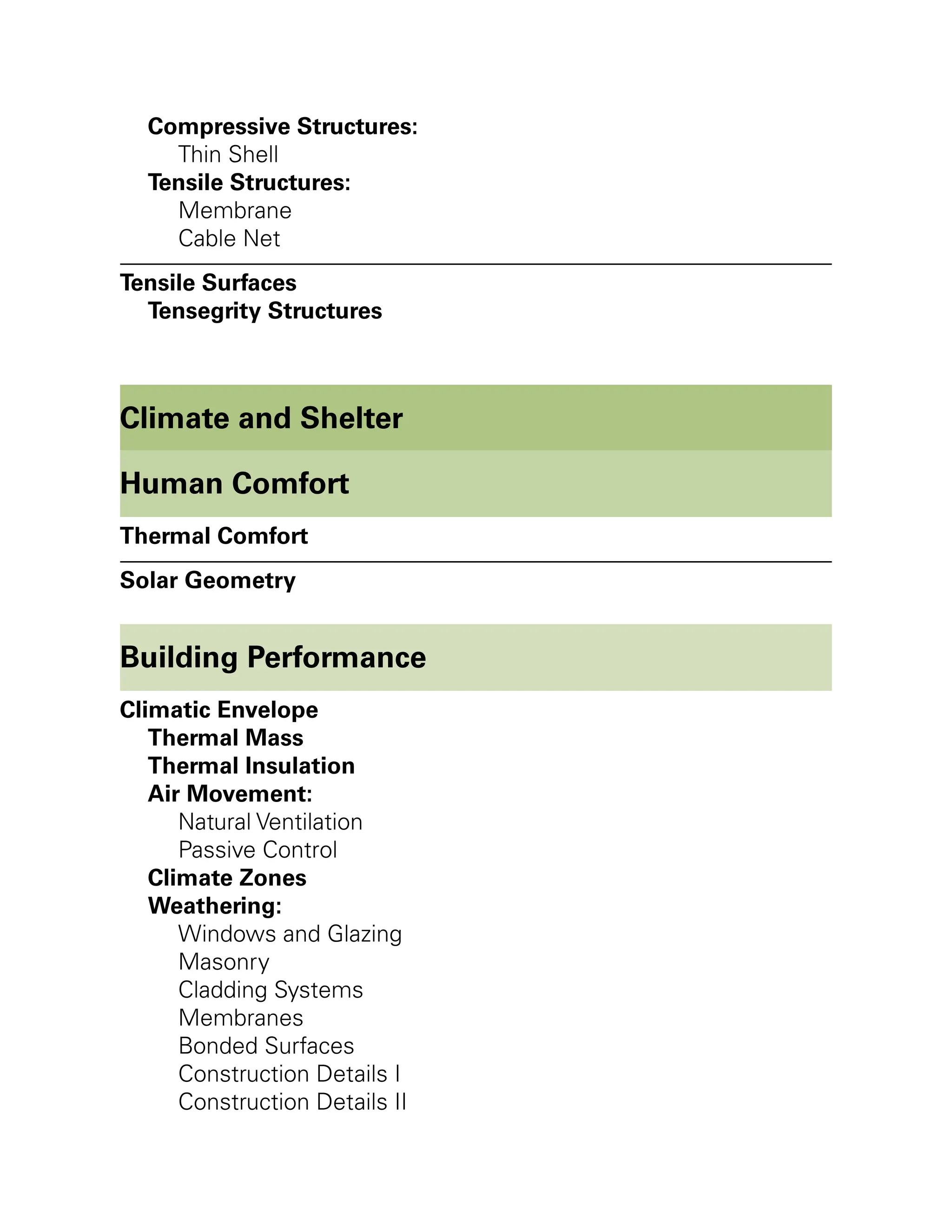 Compressive Structures:
Thin Shell
Tensile Structures:
Membrane
Cable Net
Tensile Surfaces
Tensegrity Structures
Climate and Shelter
Human Comfort
Thermal Comfort
Solar Geometry
Building Performance
Climatic Envelope
Thermal Mass
Thermal Insulation
Air Movement:
Natural Ventilation
Passive Control
Climate Zones
Weathering:
Windows and Glazing
Masonry
Cladding Systems
Membranes
Bonded Surfaces
Construction Details I
Construction Details II
 