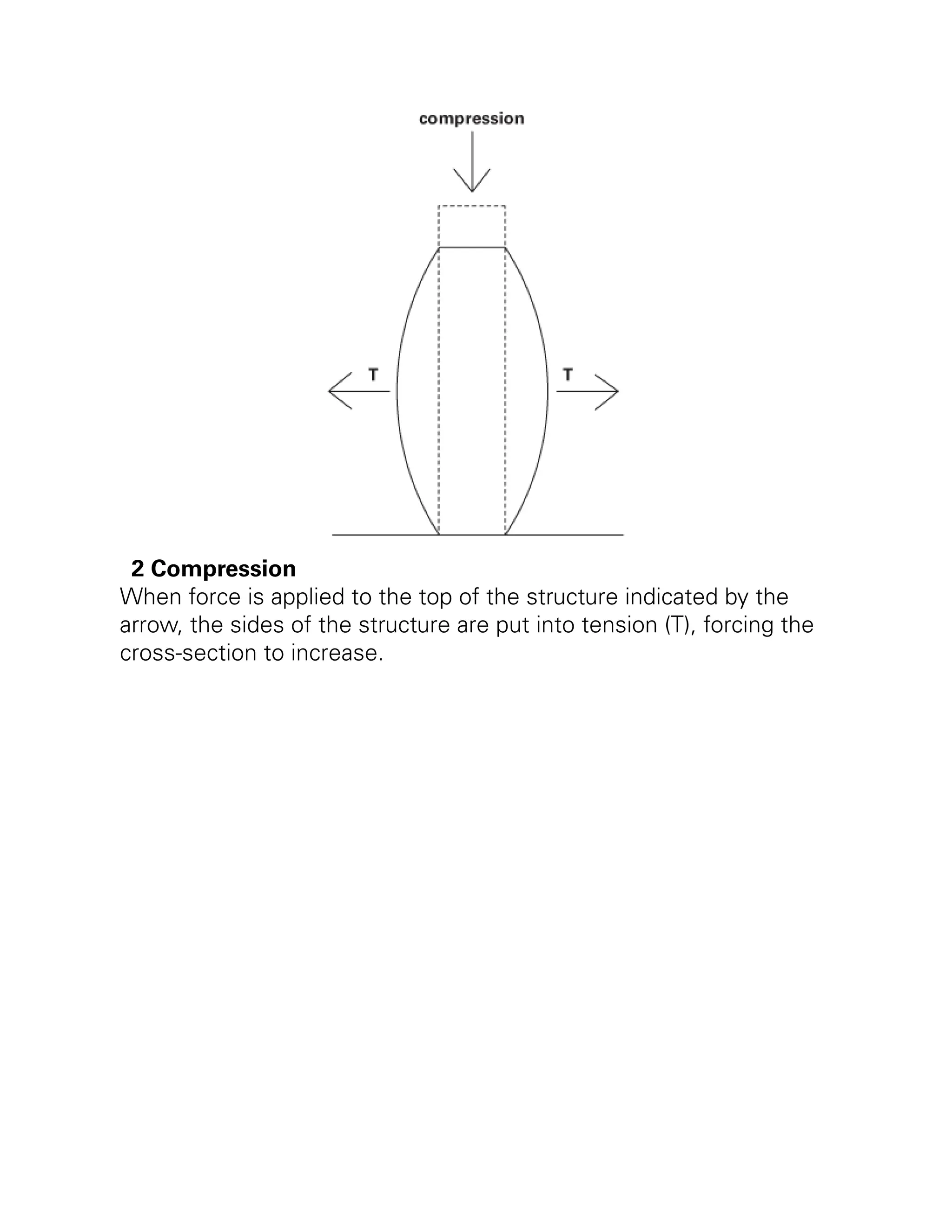 2 Compression
When force is applied to the top of the structure indicated by the
arrow, the sides of the structure are put into tension (T), forcing the
cross-section to increase.
 