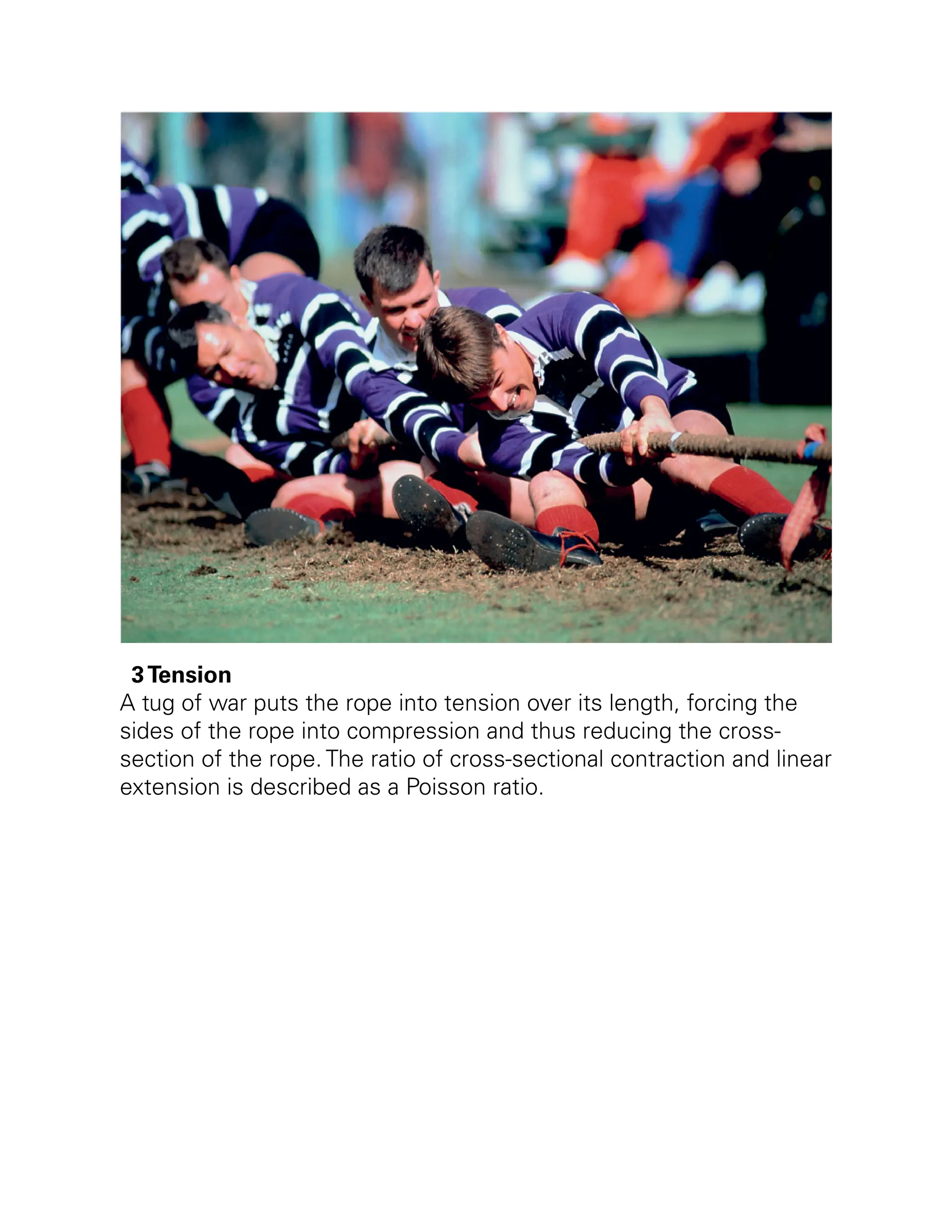 3Tension
A tug of war puts the rope into tension over its length, forcing the
sides of the rope into compression and thus reducing the cross-
section of the rope. The ratio of cross-sectional contraction and linear
extension is described as a Poisson ratio.
 
