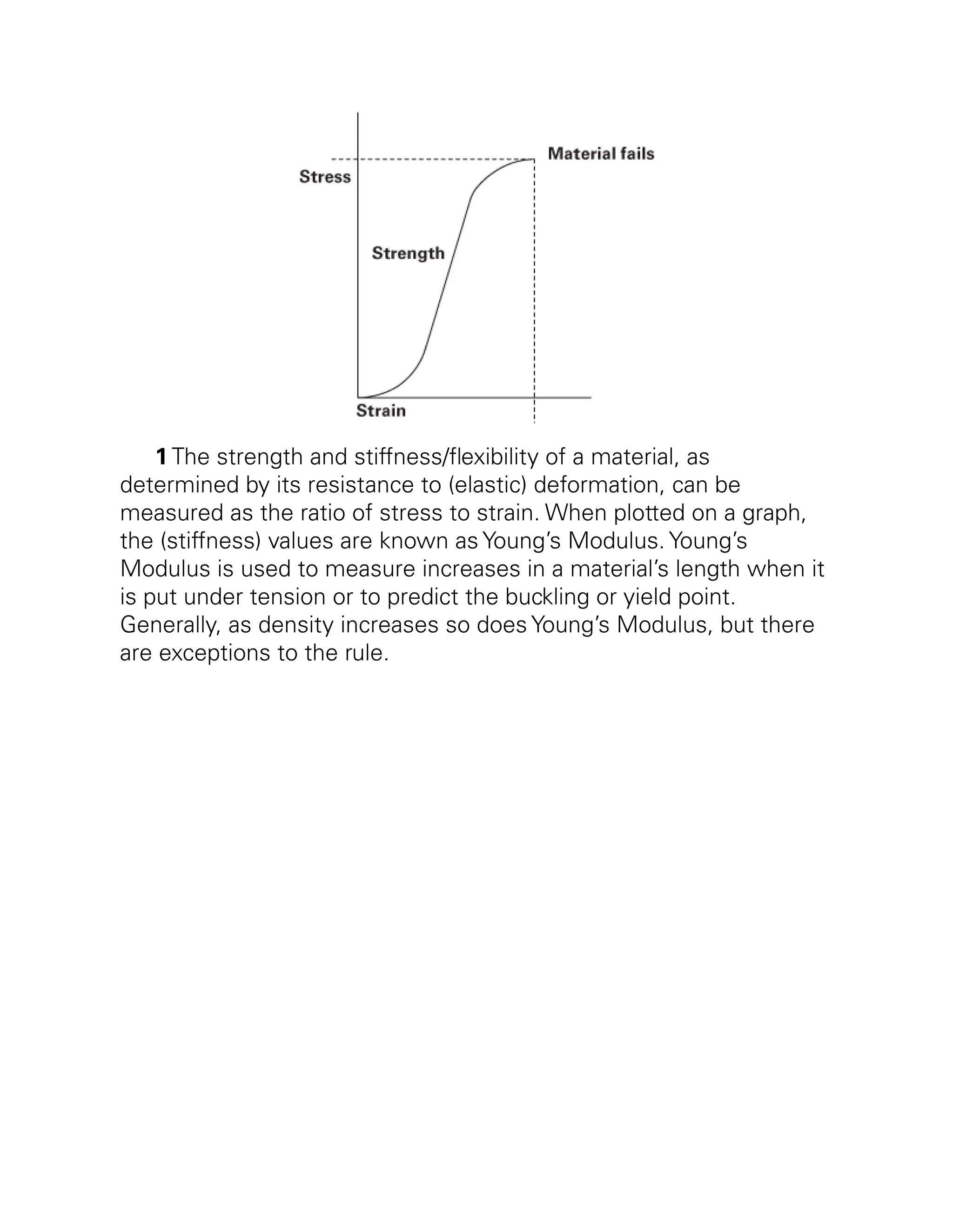 1 The strength and stiffness/flexibility of a material, as
determined by its resistance to (elastic) deformation, can be
measured as the ratio of stress to strain. When plotted on a graph,
the (stiffness) values are known as Young’s Modulus. Young’s
Modulus is used to measure increases in a material’s length when it
is put under tension or to predict the buckling or yield point.
Generally, as density increases so does Young’s Modulus, but there
are exceptions to the rule.
 