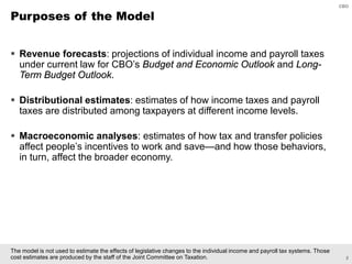 2
CBO
Purposes of the Model
 Revenue forecasts: projections of individual income and payroll taxes
under current law for ...