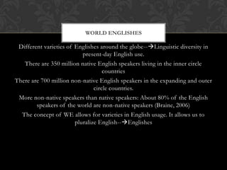 WORLD ENGLISHES

 Different varieties of Englishes around the globe--Linguistic diversity in
                           present-day English use.
   There are 350 million native English speakers living in the inner circle
                                    countries
There are 700 million non-native English speakers in the expanding and outer
                                circle countries.
 More non-native speakers than native speakers: About 80% of the English
        speakers of the world are non-native speakers (Braine, 2006)
  The concept of WE allows for varieties in English usage. It allows us to
                        pluralize English--Englishes
 