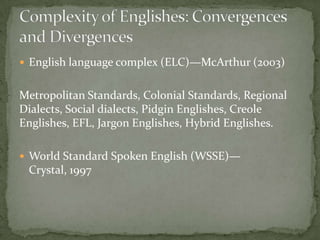  English language complex (ELC)—McArthur (2003)


Metropolitan Standards, Colonial Standards, Regional
Dialects, Social dialects, Pidgin Englishes, Creole
Englishes, EFL, Jargon Englishes, Hybrid Englishes.

 World Standard Spoken English (WSSE)—
 Crystal, 1997
 