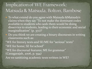  To what extend do you agree with Matsuda &Matsuda’s
  claims when they say “To not make the dominant codes
  available to students who seek them would be doing
  disservice to students, leading to their economic and social
  marginalization” (p. 372)?
 Do you think we are creating a binary discourses in writing
  classrooms such as:
“WE for literary texts and SE/ME for “serious” texts”
“WE for home; SE for school”
“WE for discoursal features; ME for grammar”
(Canagarajah, 2006, p. 594)
Are we sanitizing academic texts written in WE?
 
