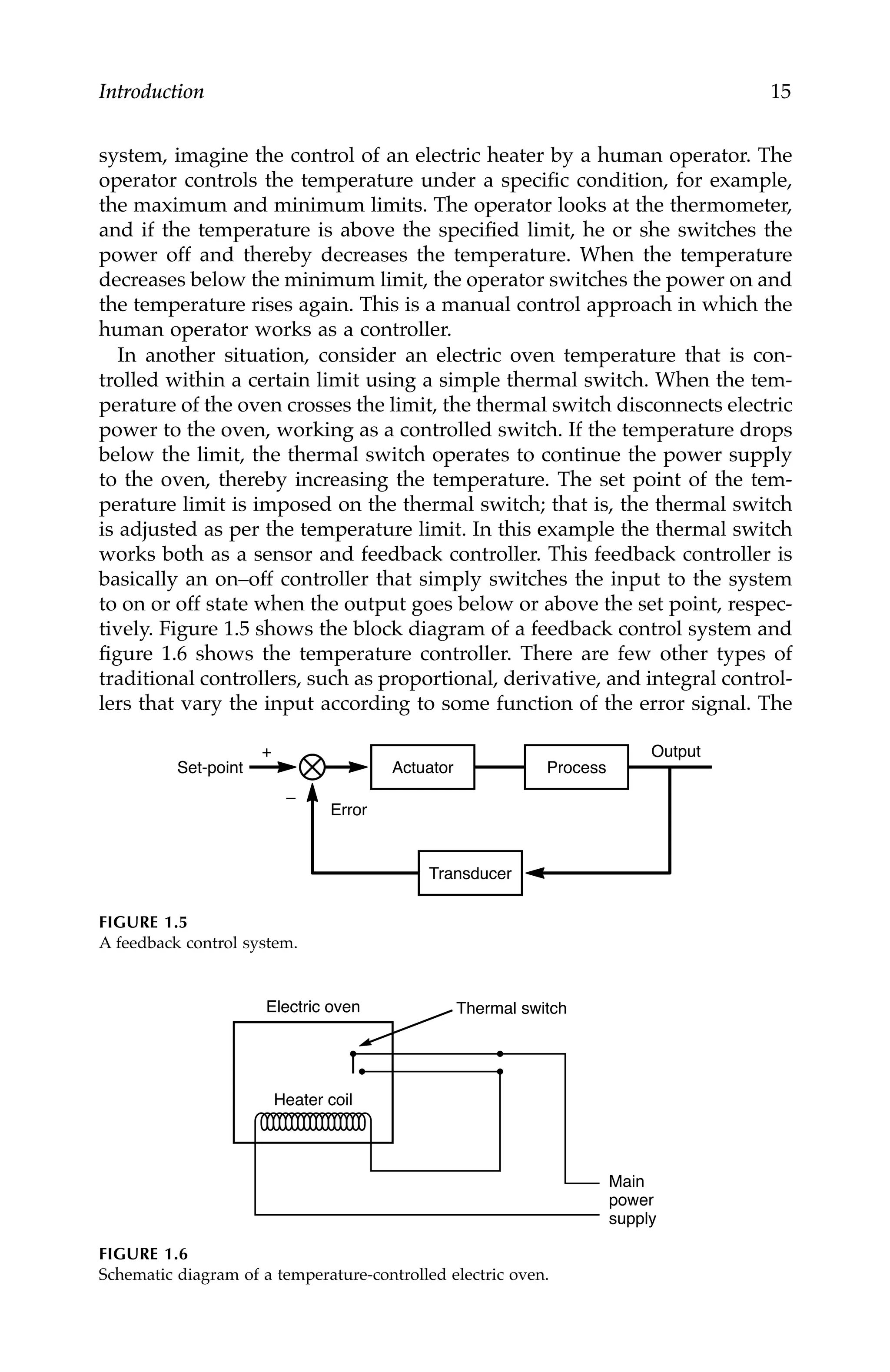 Introduction 15
system, imagine the control of an electric heater by a human operator. The
operator controls the temperature under a specific condition, for example,
the maximum and minimum limits. The operator looks at the thermometer,
and if the temperature is above the specified limit, he or she switches the
power off and thereby decreases the temperature. When the temperature
decreases below the minimum limit, the operator switches the power on and
the temperature rises again. This is a manual control approach in which the
human operator works as a controller.
In another situation, consider an electric oven temperature that is con-
trolled within a certain limit using a simple thermal switch. When the tem-
perature of the oven crosses the limit, the thermal switch disconnects electric
power to the oven, working as a controlled switch. If the temperature drops
below the limit, the thermal switch operates to continue the power supply
to the oven, thereby increasing the temperature. The set point of the tem-
perature limit is imposed on the thermal switch; that is, the thermal switch
is adjusted as per the temperature limit. In this example the thermal switch
works both as a sensor and feedback controller. This feedback controller is
basically an on–off controller that simply switches the input to the system
to on or off state when the output goes below or above the set point, respec-
tively. Figure 1.5 shows the block diagram of a feedback control system and
figure 1.6 shows the temperature controller. There are few other types of
traditional controllers, such as proportional, derivative, and integral control-
lers that vary the input according to some function of the error signal. The
FIGURE 1.5
A feedback control system.
FIGURE 1.6
Schematic diagram of a temperature-controlled electric oven.
Error
Output
+
–
Actuator
Transducer
Set-point Process
Main
power
supply
Electric oven
Heater coil
Thermal switch
7244.book Page 15 Wednesday, June 21, 2006 11:14 AM
 