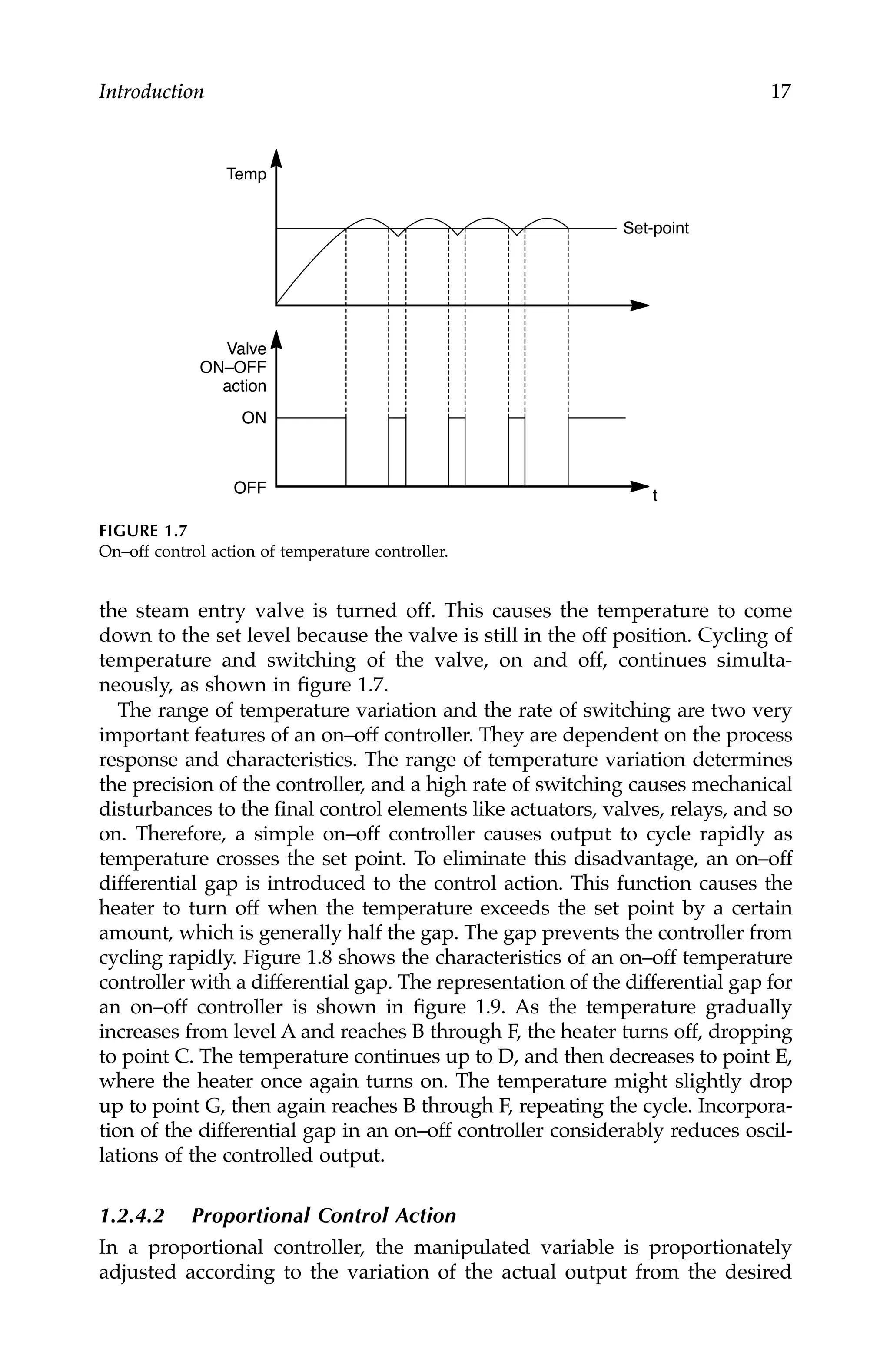 Introduction 17
the steam entry valve is turned off. This causes the temperature to come
down to the set level because the valve is still in the off position. Cycling of
temperature and switching of the valve, on and off, continues simulta-
neously, as shown in figure 1.7.
The range of temperature variation and the rate of switching are two very
important features of an on–off controller. They are dependent on the process
response and characteristics. The range of temperature variation determines
the precision of the controller, and a high rate of switching causes mechanical
disturbances to the final control elements like actuators, valves, relays, and so
on. Therefore, a simple on–off controller causes output to cycle rapidly as
temperature crosses the set point. To eliminate this disadvantage, an on–off
differential gap is introduced to the control action. This function causes the
heater to turn off when the temperature exceeds the set point by a certain
amount, which is generally half the gap. The gap prevents the controller from
cycling rapidly. Figure 1.8 shows the characteristics of an on–off temperature
controller with a differential gap. The representation of the differential gap for
an on–off controller is shown in figure 1.9. As the temperature gradually
increases from level A and reaches B through F, the heater turns off, dropping
to point C. The temperature continues up to D, and then decreases to point E,
where the heater once again turns on. The temperature might slightly drop
up to point G, then again reaches B through F, repeating the cycle. Incorpora-
tion of the differential gap in an on–off controller considerably reduces oscil-
lations of the controlled output.
1.2.4.2 Proportional Control Action
In a proportional controller, the manipulated variable is proportionately
adjusted according to the variation of the actual output from the desired
FIGURE 1.7
On–off control action of temperature controller.
Set-point
Temp
t
Valve
ON–OFF
action
ON
OFF
7244.book Page 17 Wednesday, June 21, 2006 11:14 AM
 