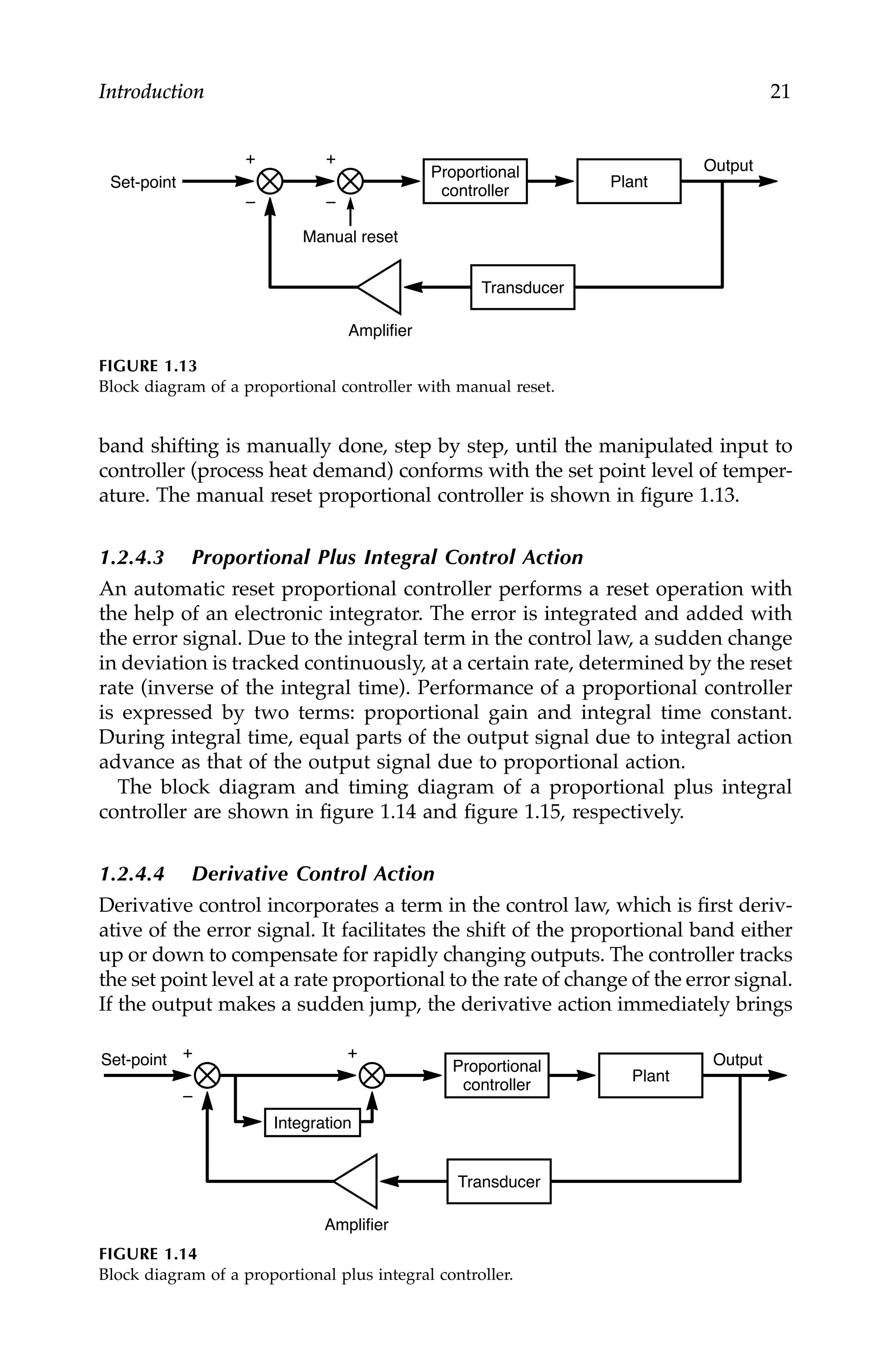 Introduction 21
band shifting is manually done, step by step, until the manipulated input to
controller (process heat demand) conforms with the set point level of temper-
ature. The manual reset proportional controller is shown in figure 1.13.
1.2.4.3 Proportional Plus Integral Control Action
An automatic reset proportional controller performs a reset operation with
the help of an electronic integrator. The error is integrated and added with
the error signal. Due to the integral term in the control law, a sudden change
in deviation is tracked continuously, at a certain rate, determined by the reset
rate (inverse of the integral time). Performance of a proportional controller
is expressed by two terms: proportional gain and integral time constant.
During integral time, equal parts of the output signal due to integral action
advance as that of the output signal due to proportional action.
The block diagram and timing diagram of a proportional plus integral
controller are shown in figure 1.14 and figure 1.15, respectively.
1.2.4.4 Derivative Control Action
Derivative control incorporates a term in the control law, which is first deriv-
ative of the error signal. It facilitates the shift of the proportional band either
up or down to compensate for rapidly changing outputs. The controller tracks
the set point level at a rate proportional to the rate of change of the error signal.
If the output makes a sudden jump, the derivative action immediately brings
FIGURE 1.13
Block diagram of a proportional controller with manual reset.
FIGURE 1.14
Block diagram of a proportional plus integral controller.
Manual reset
Amplifier
Output
Proportional
controller
Transducer
+
–
Plant
Set-point
+
–
Amplifier
Output
Proportional
controller
Transducer
+
Plant
Set-point +
–
Integration
7244.book Page 21 Wednesday, June 21, 2006 11:14 AM
 