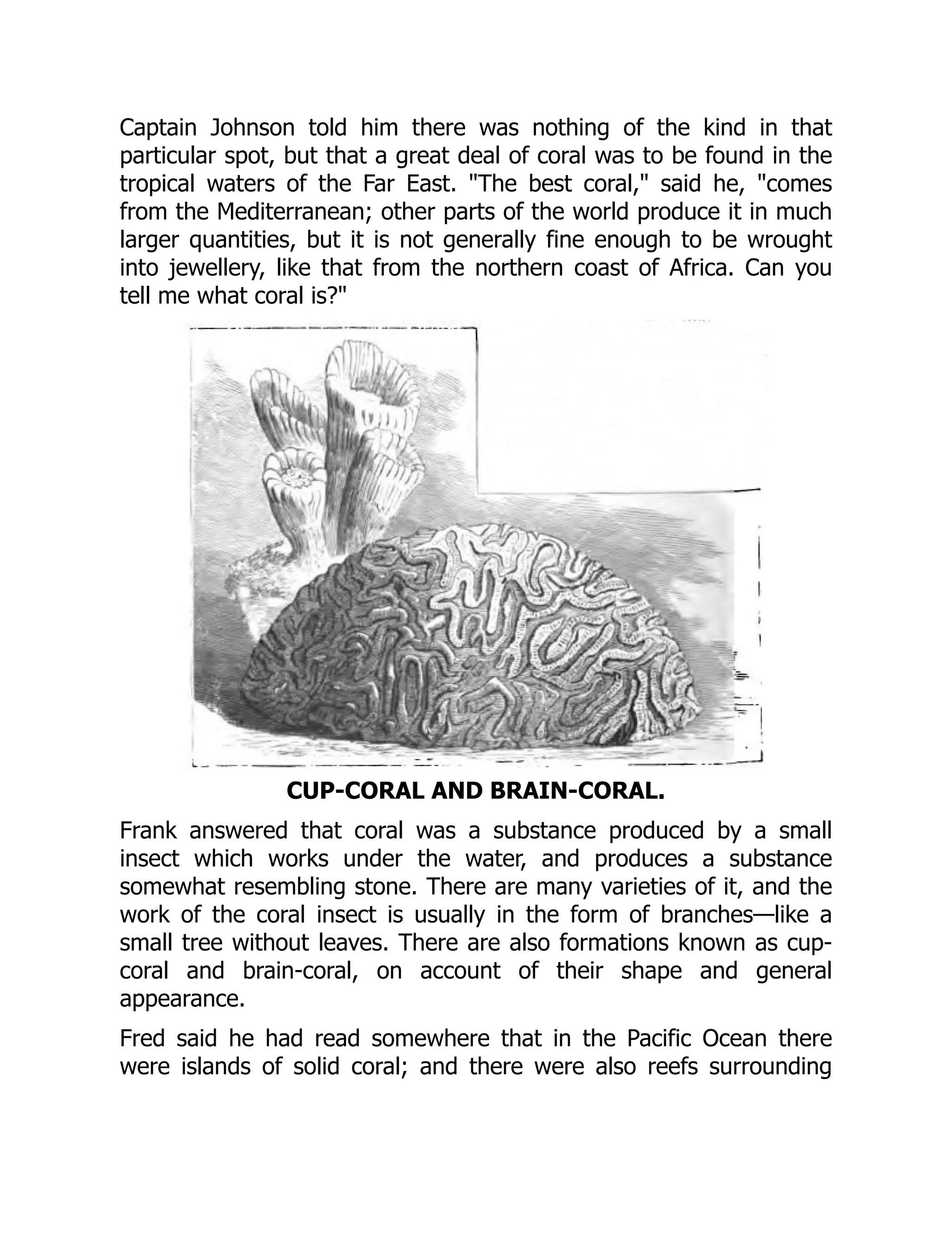 Captain Johnson told him there was nothing of the kind in that
particular spot, but that a great deal of coral was to be found in the
tropical waters of the Far East. "The best coral," said he, "comes
from the Mediterranean; other parts of the world produce it in much
larger quantities, but it is not generally fine enough to be wrought
into jewellery, like that from the northern coast of Africa. Can you
tell me what coral is?"
CUP-CORAL AND BRAIN-CORAL.
Frank answered that coral was a substance produced by a small
insect which works under the water, and produces a substance
somewhat resembling stone. There are many varieties of it, and the
work of the coral insect is usually in the form of branches—like a
small tree without leaves. There are also formations known as cup-
coral and brain-coral, on account of their shape and general
appearance.
Fred said he had read somewhere that in the Pacific Ocean there
were islands of solid coral; and there were also reefs surrounding
 