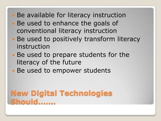 Digital Applications For Special PopulationsMarino found that even though lower ability students benefitted the most from using technological tools, they were less likely to utilize them.When using electronic texts, children found they can “read” material that far exceeds their decoding ability because of the support the computer offers.Students can read books in multi-languages.