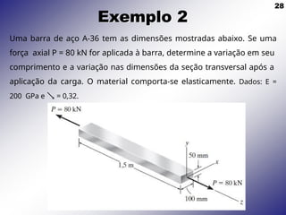 28
Exemplo 2
Uma barra de aço A-36 tem as dimensões mostradas abaixo. Se uma
força axial P = 80 kN for aplicada à barra, determine a variação em seu
comprimento e a variação nas dimensões da seção transversal após a
aplicação da carga. O material comporta-se elasticamente. Dados: E =
200 GPa e  = 0,32.
 